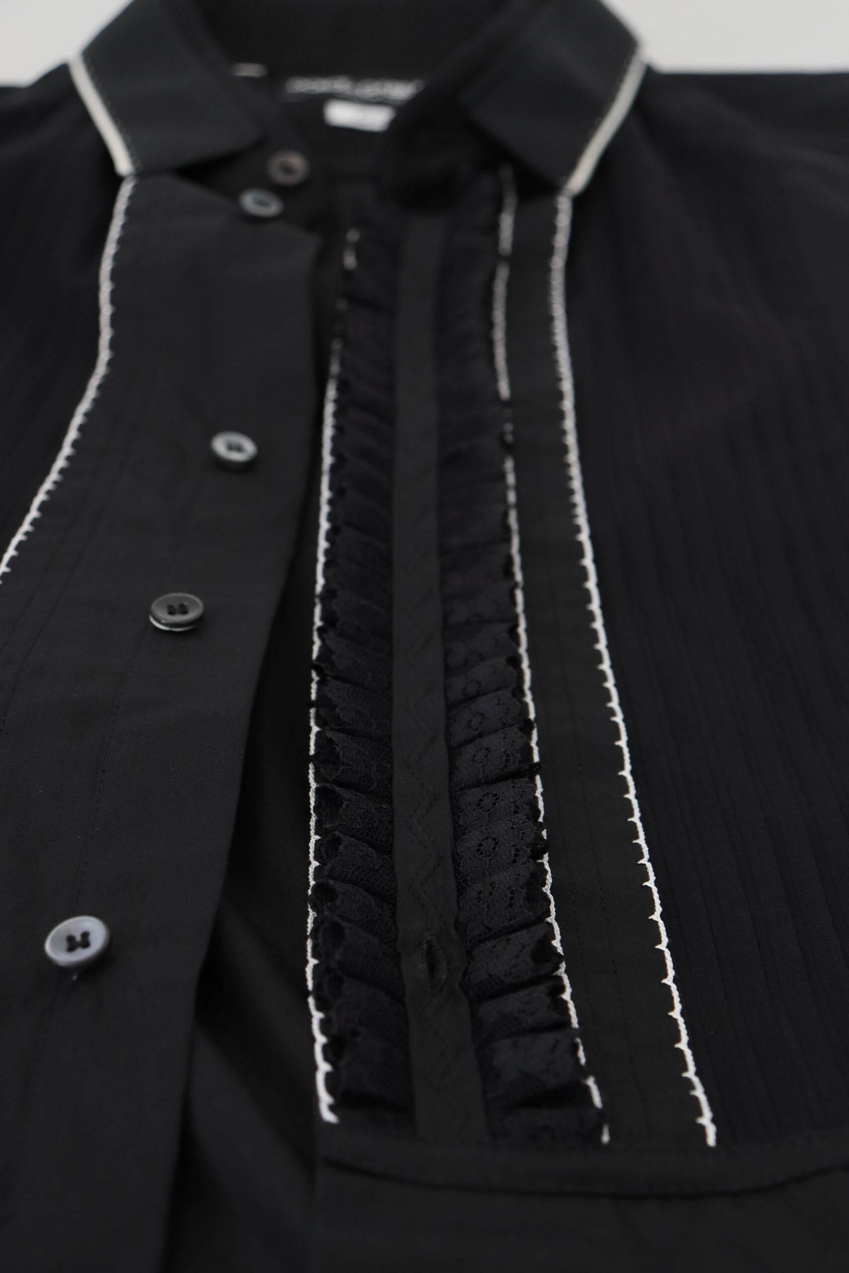 Dolce & Gabbana GOLD Black Tuxedo Slim Fit Cotton Shirt - Hilstor