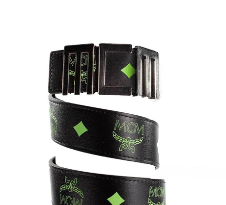 MCM Claus Mens Summer Green Smooth Visetos Logo Leather Numeric Buckle Belt - Hilstor