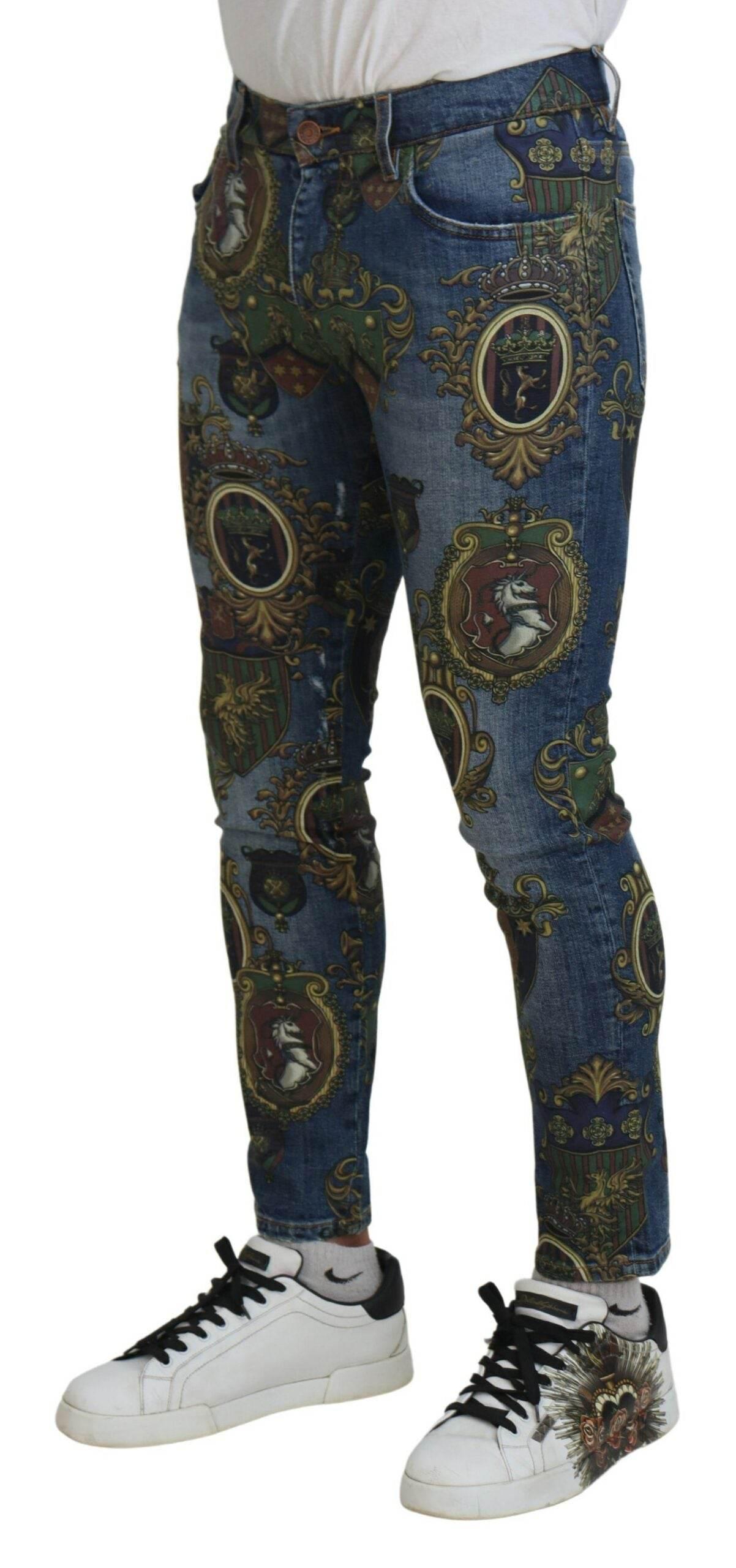 Dolce & Gabbana Blue Medal Print Slim Fit Cotton Jeans - Hilstor