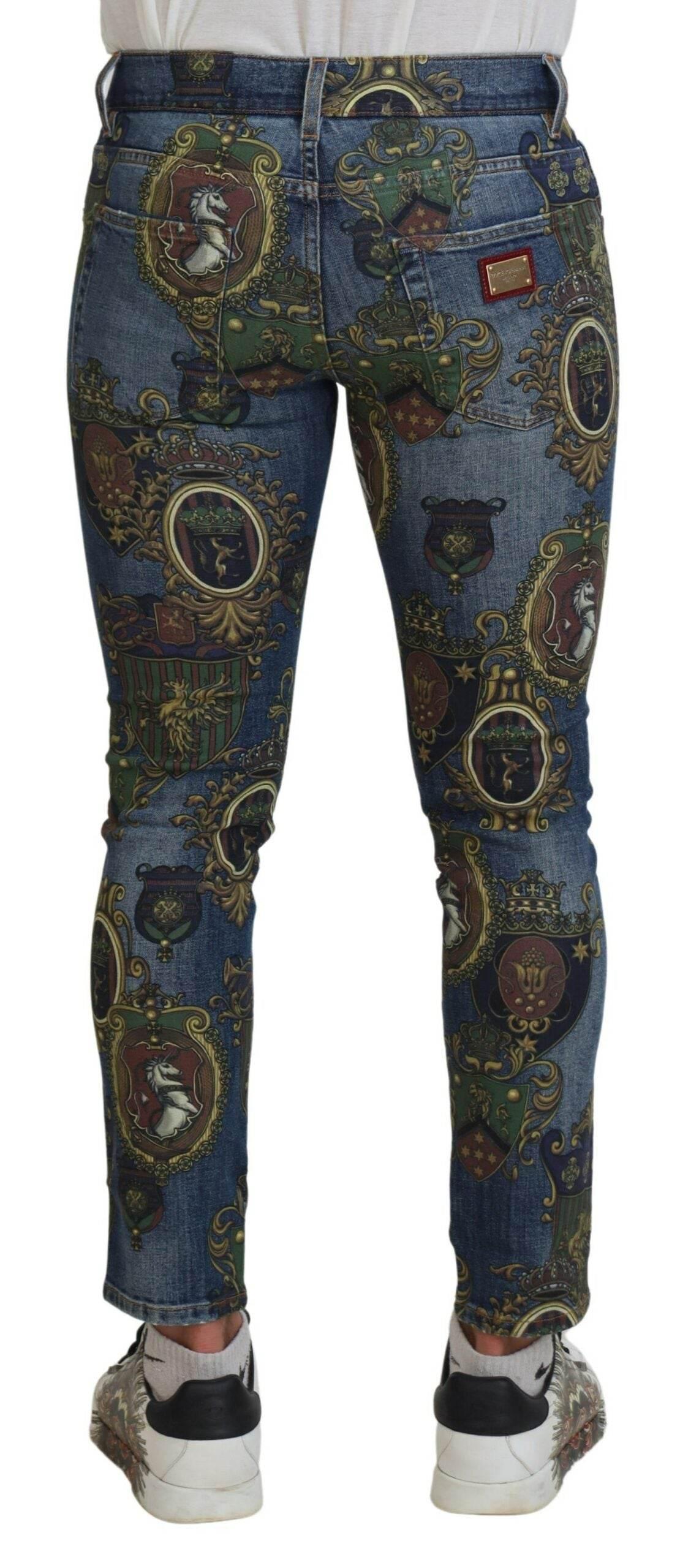 Dolce & Gabbana Blue Medal Print Slim Fit Cotton Jeans - Hilstor