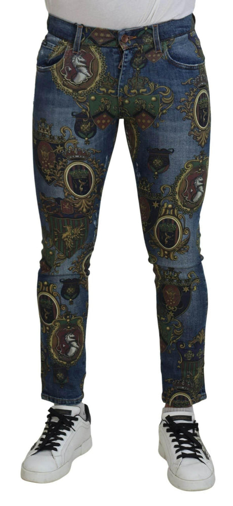 Dolce & Gabbana Blue Medal Print Slim Fit Cotton Jeans - Hilstor