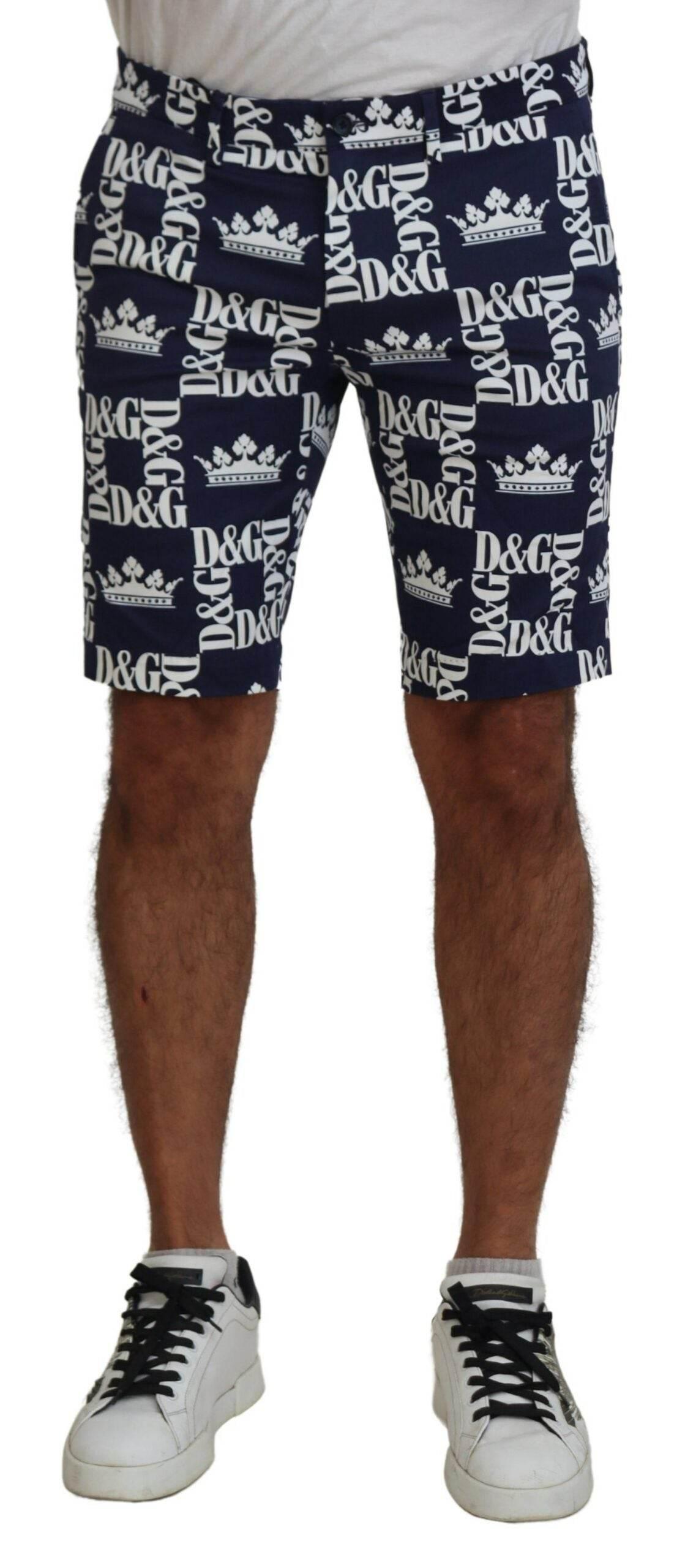 Dolce & Gabbana Blue Logo Print Cotton Chinos Shorts - Hilstor