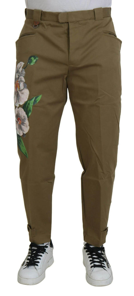 Dolce & Gabbana Beige Cotton Stretch Floral Chinos Pants - Hilstor