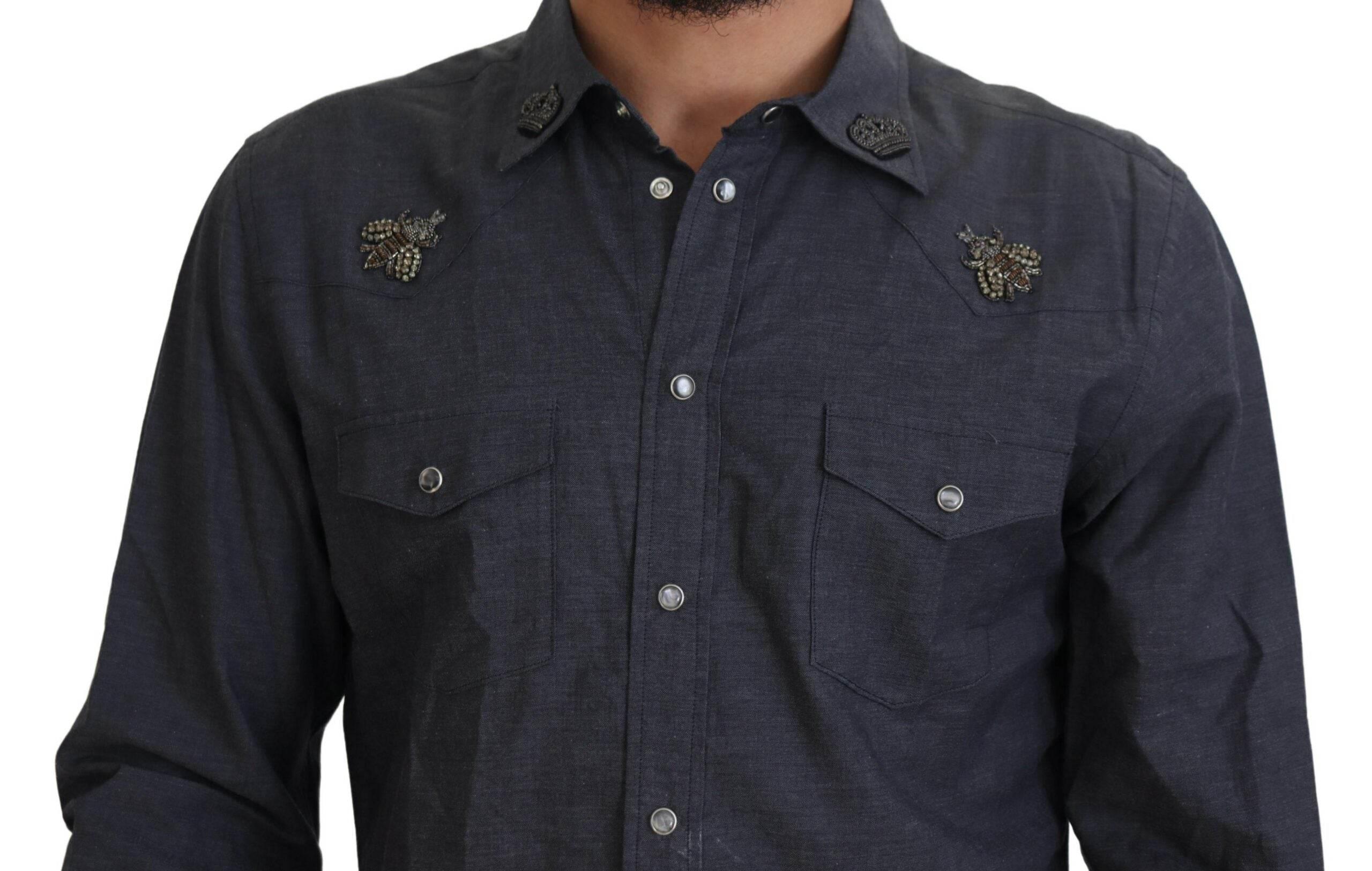 Dolce & Gabbana Blue Cotton Denim Crystal Bee Shirt - Hilstor