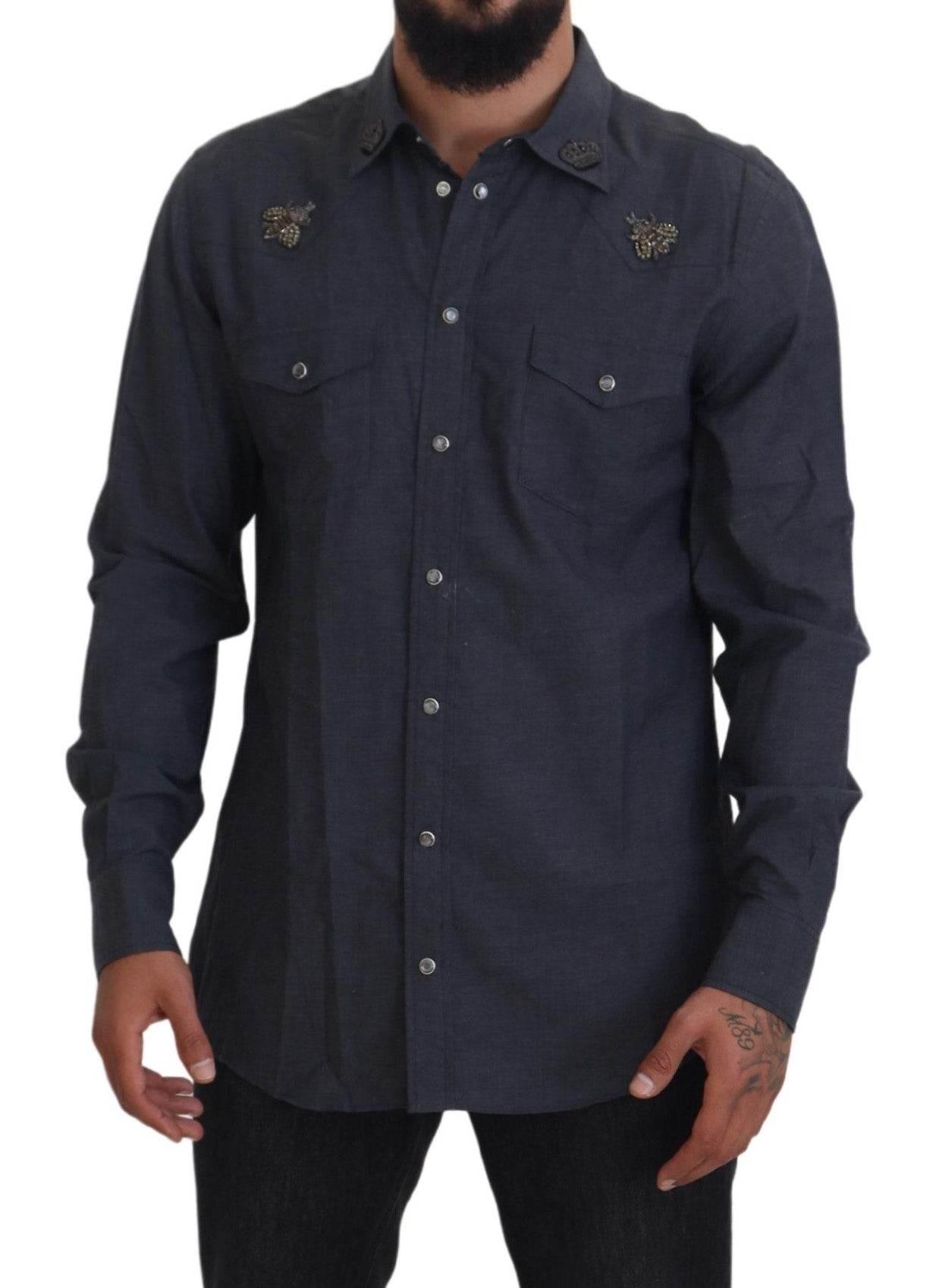 Dolce & Gabbana Blue Cotton Denim Crystal Bee Shirt - Hilstor