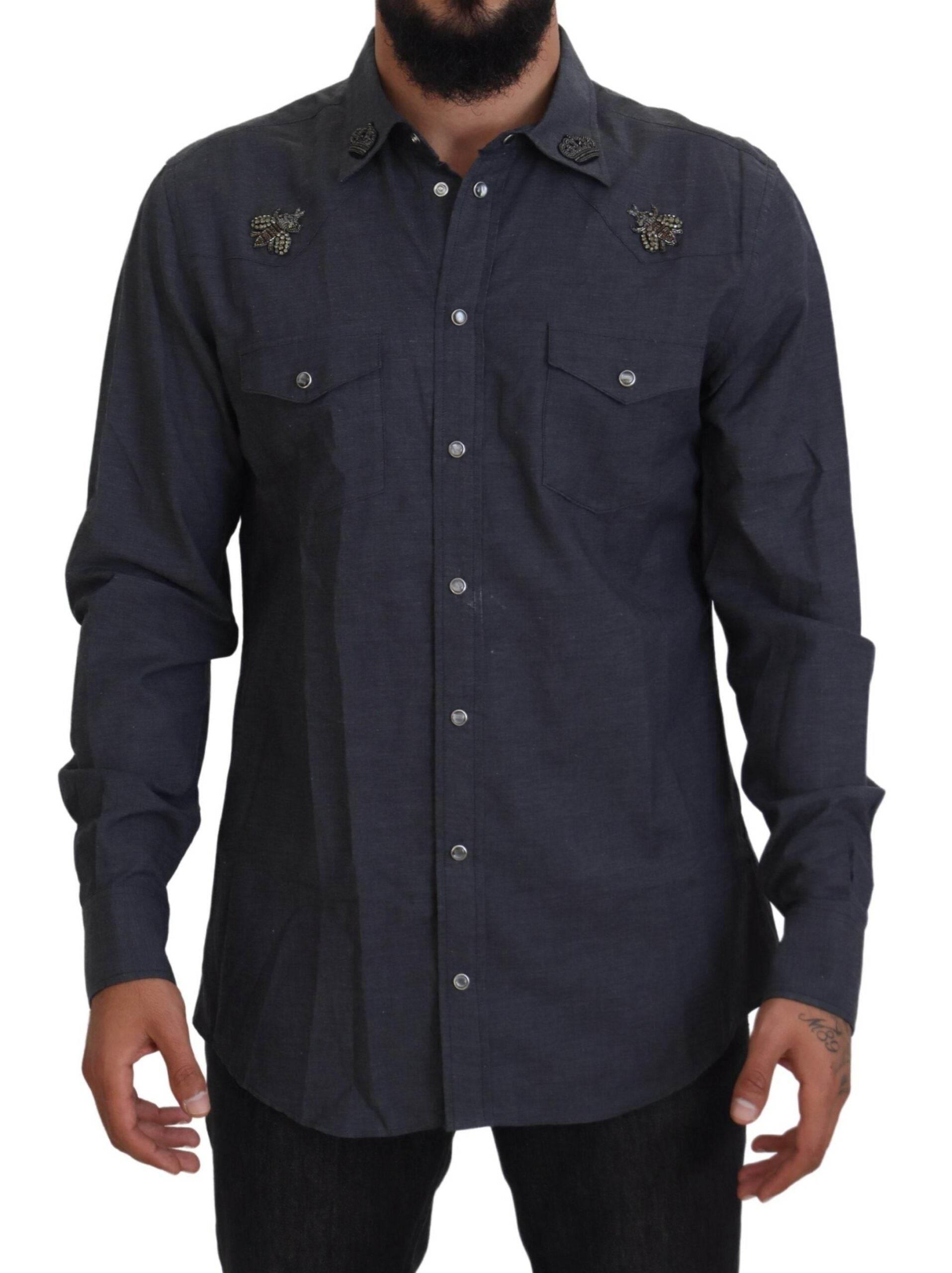 Dolce & Gabbana Blue Cotton Denim Crystal Bee Shirt - Hilstor
