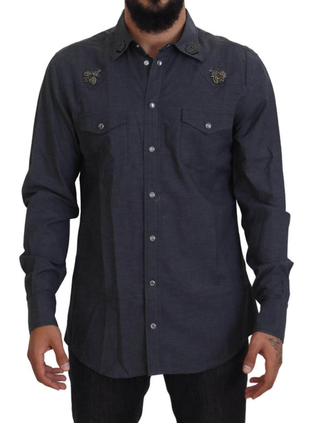 Dolce & Gabbana Blue Cotton Denim Crystal Bee Shirt - Hilstor