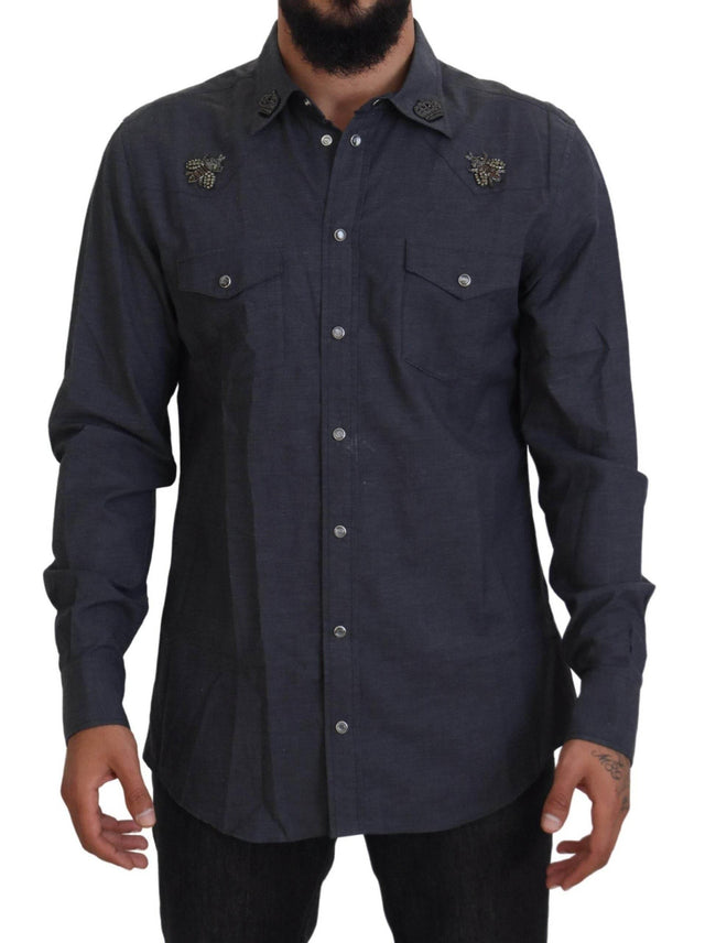 Dolce & Gabbana Blue Cotton Denim Crystal Bee Shirt - Hilstor