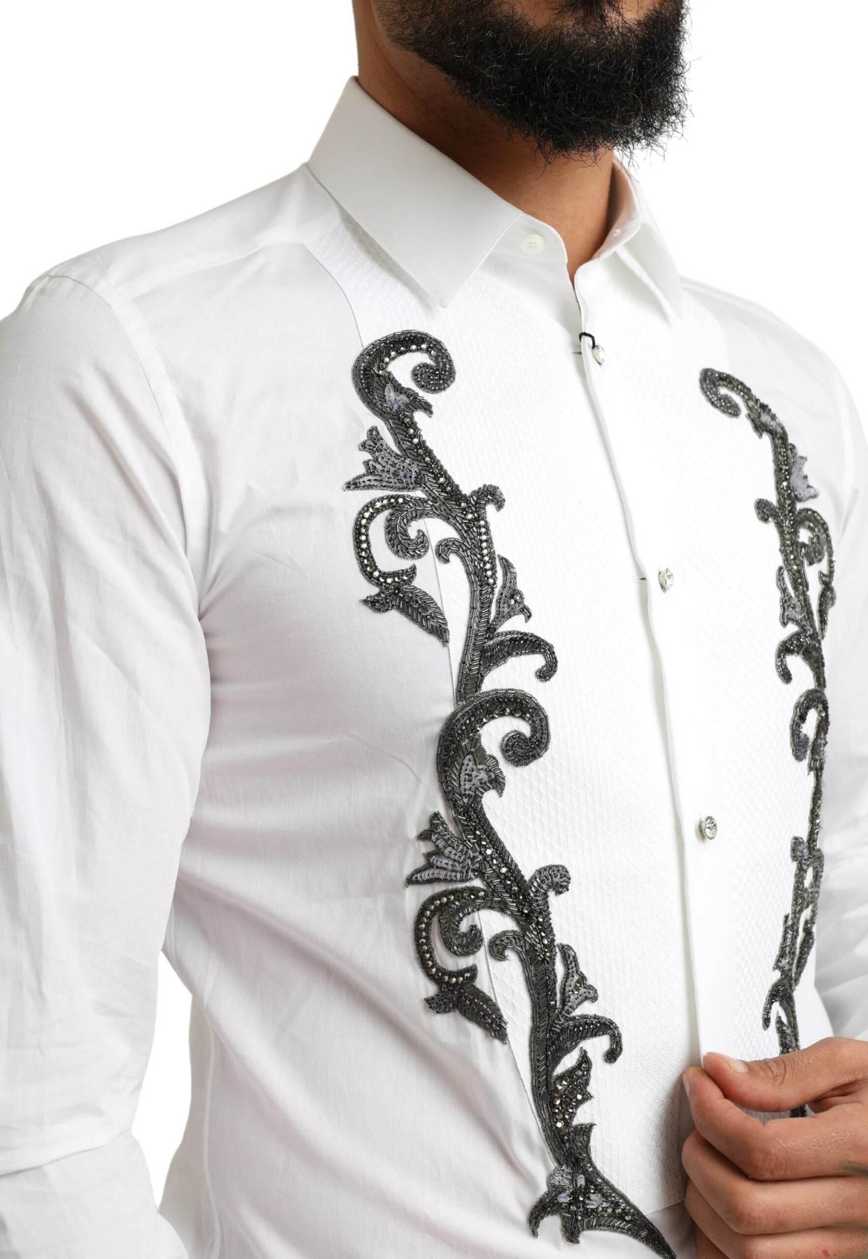 Dolce & Gabbana White Tuxedo Slim Fit Baroque Shirt - Hilstor