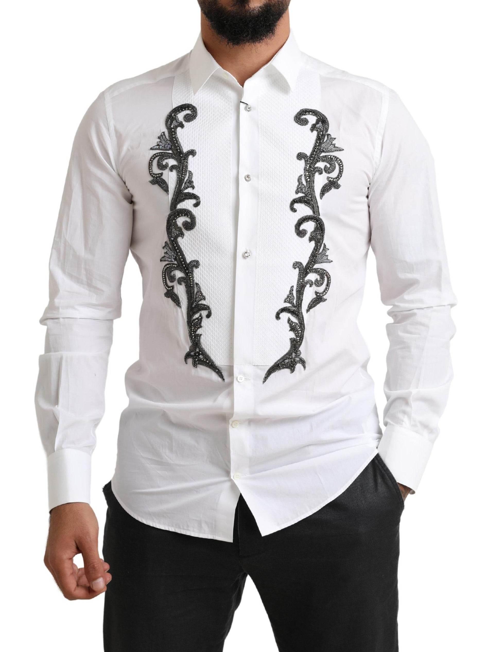 Dolce & Gabbana White Tuxedo Slim Fit Baroque Shirt - Hilstor