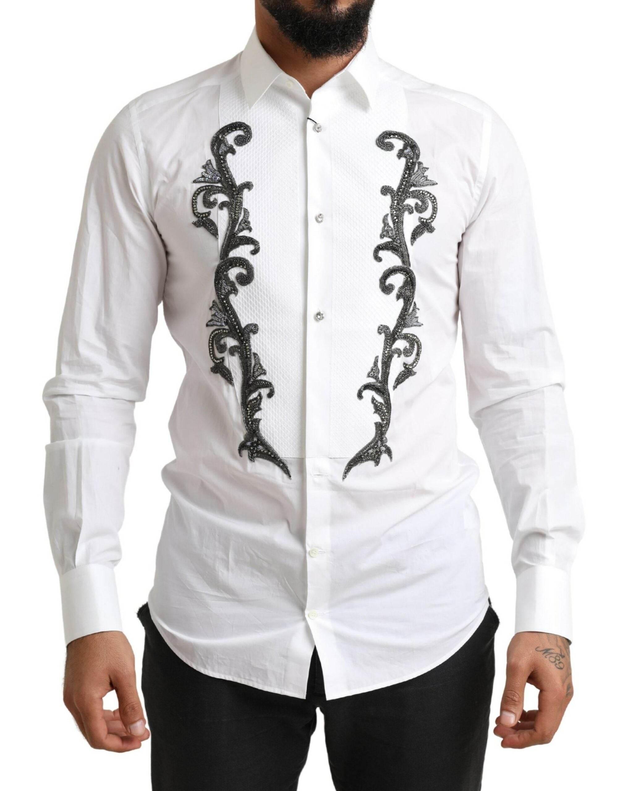 Dolce & Gabbana White Tuxedo Slim Fit Baroque Shirt - Hilstor
