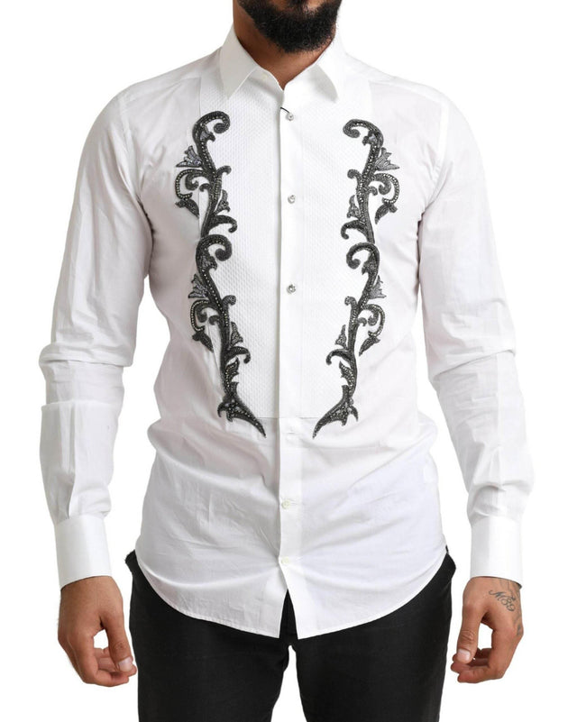 Dolce & Gabbana White Tuxedo Slim Fit Baroque Shirt - Hilstor