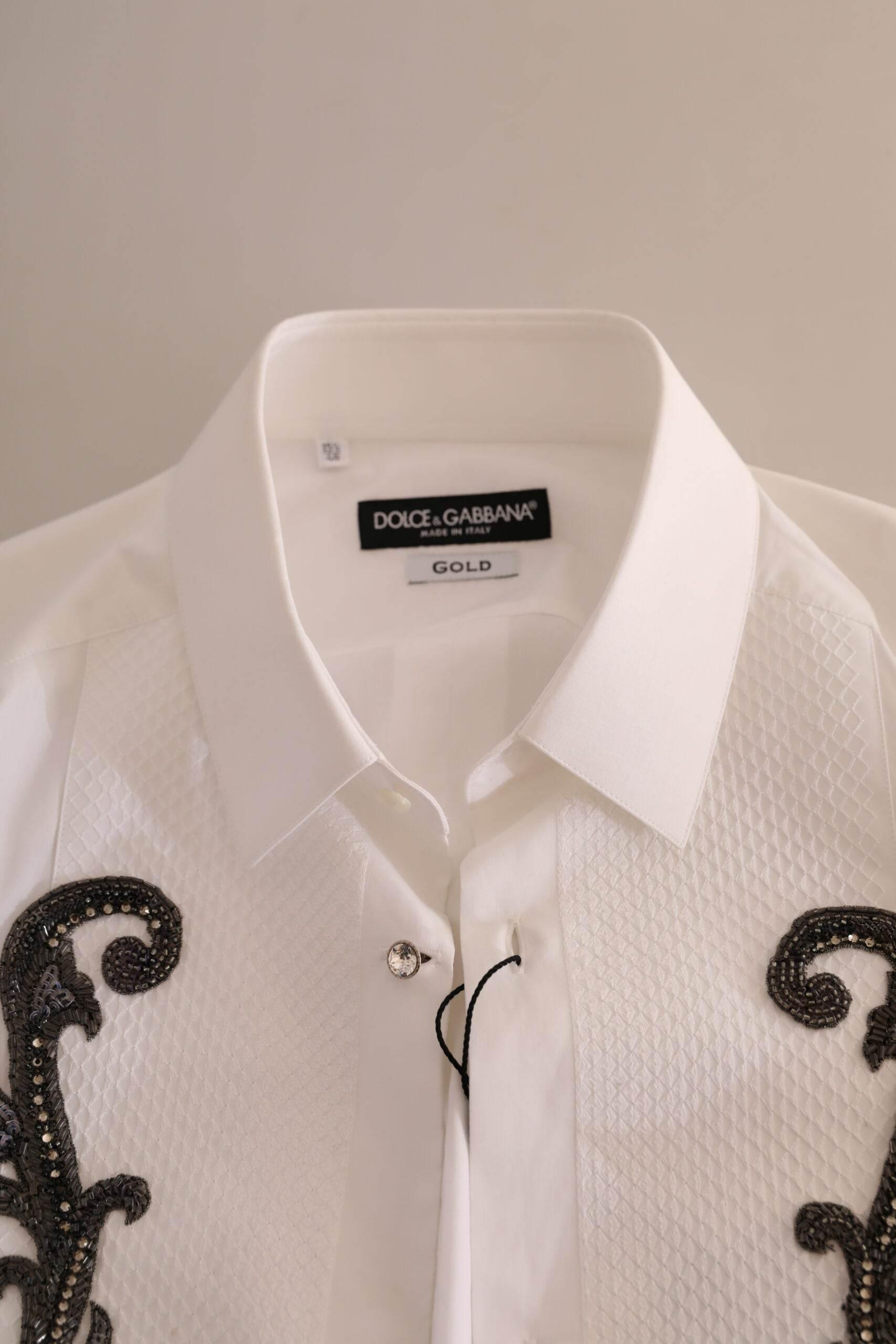 Dolce & Gabbana White Tuxedo Slim Fit Baroque Shirt - Hilstor