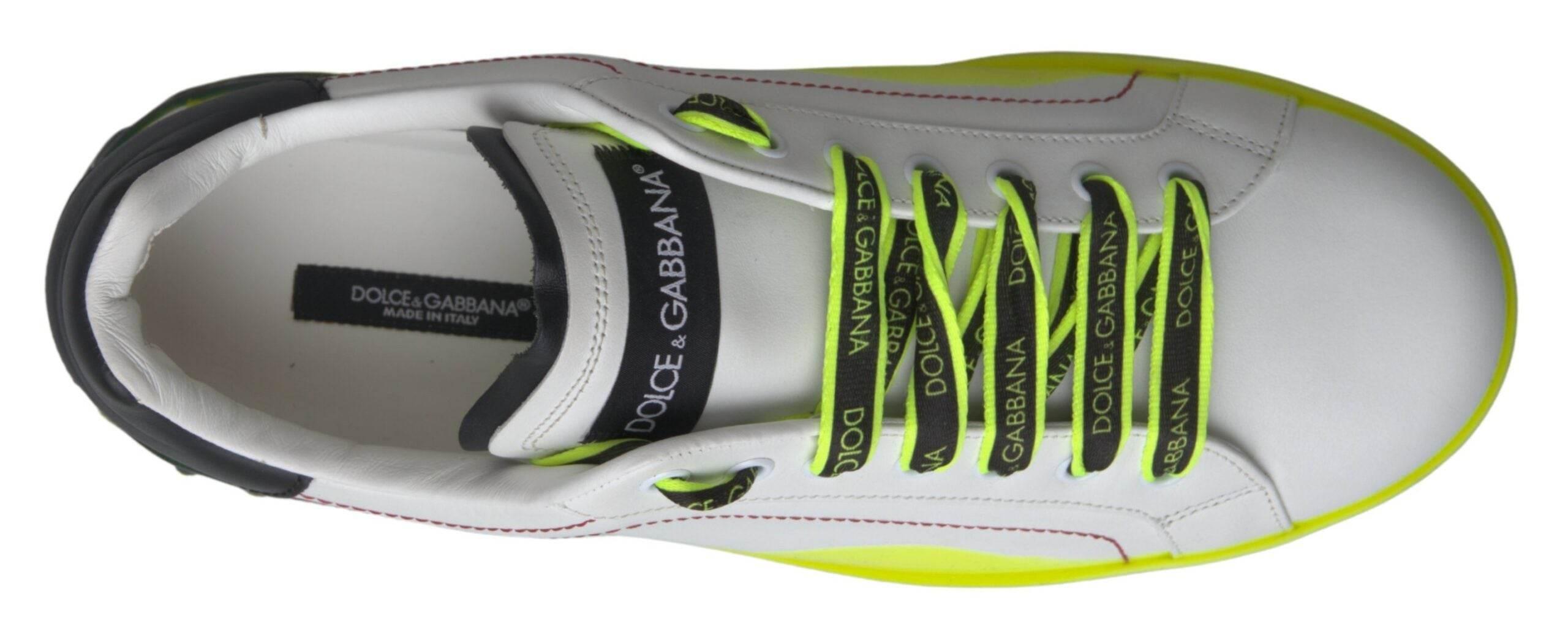 Dolce & Gabbana White Yellow Portofino Leather Sneakers Shoes - Hilstor