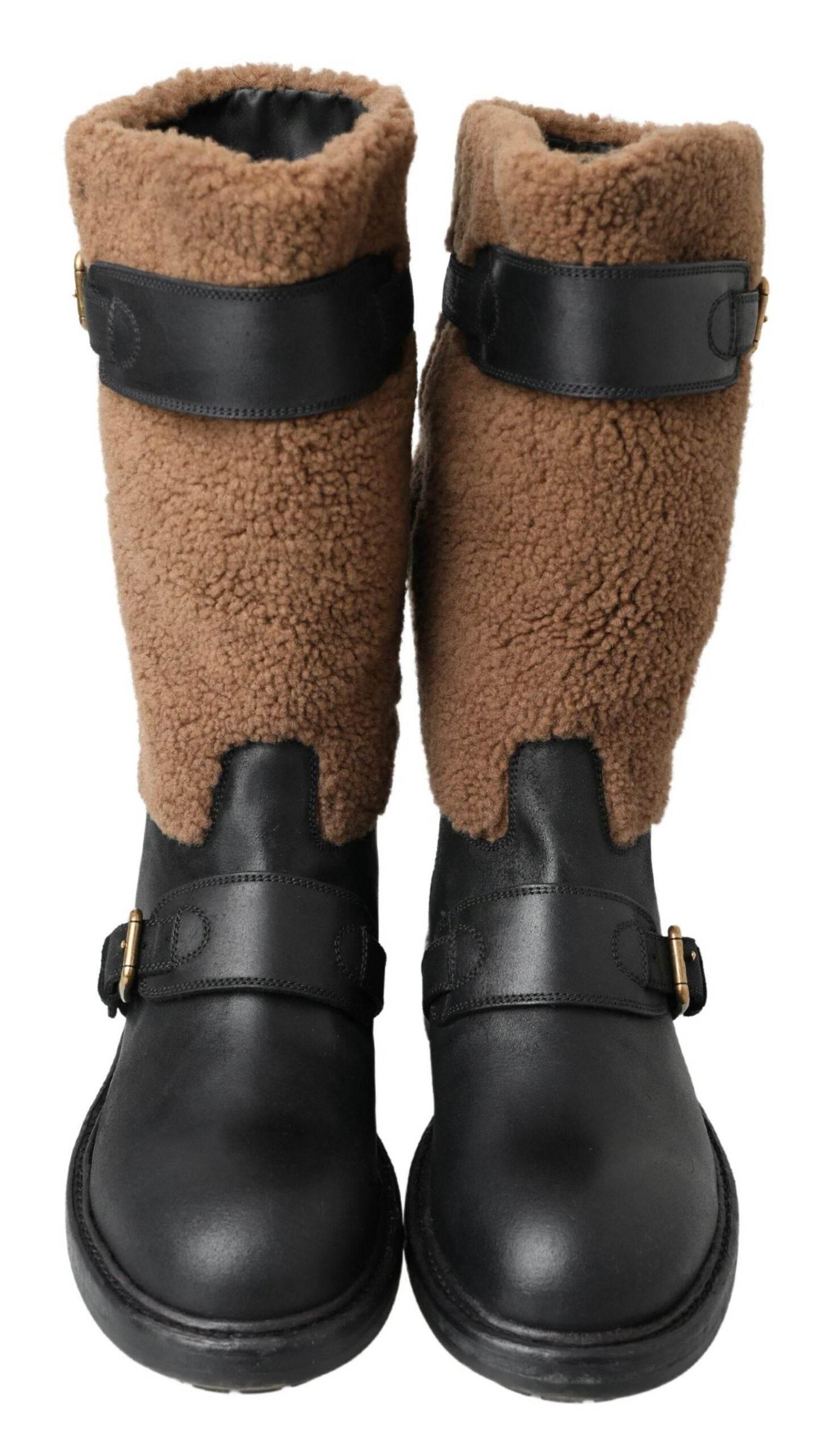 Dolce & Gabbana Black Shearling Leather Long Boots - Hilstor
