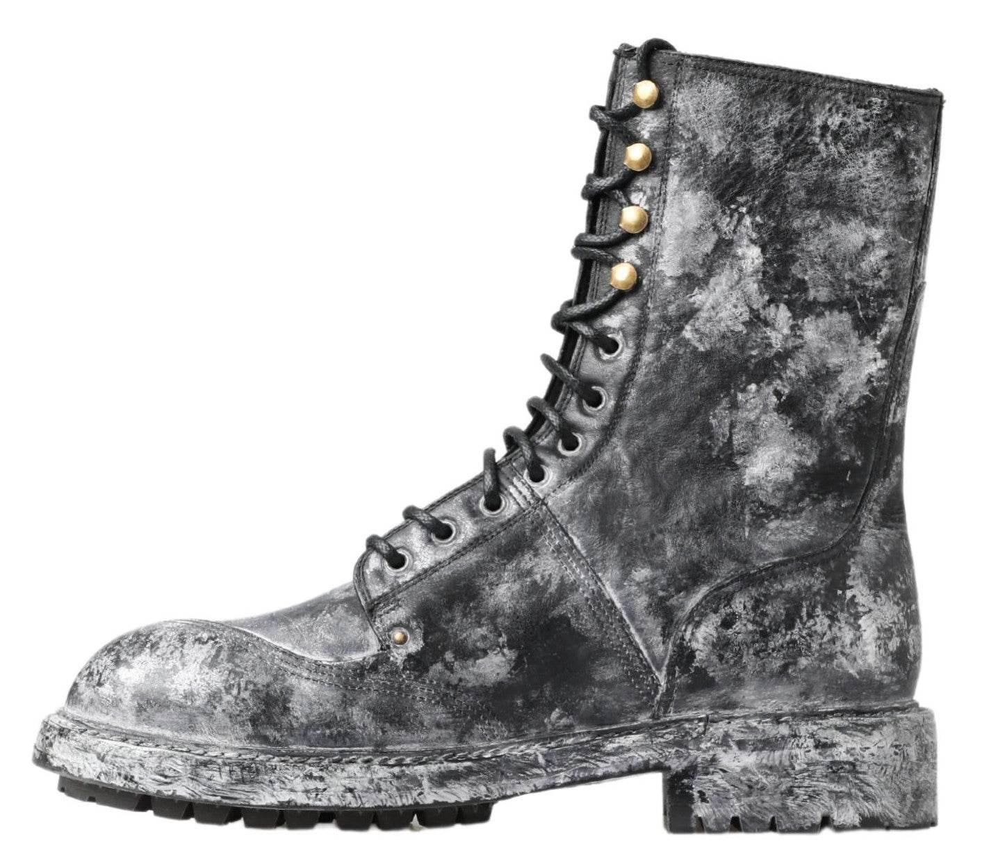Dolce & Gabbana Chic Black Lace-Up Boots with Gray White Fade - Hilstor