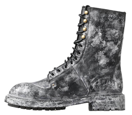 Dolce & Gabbana Chic Black Lace-Up Boots with Gray White Fade - Hilstor