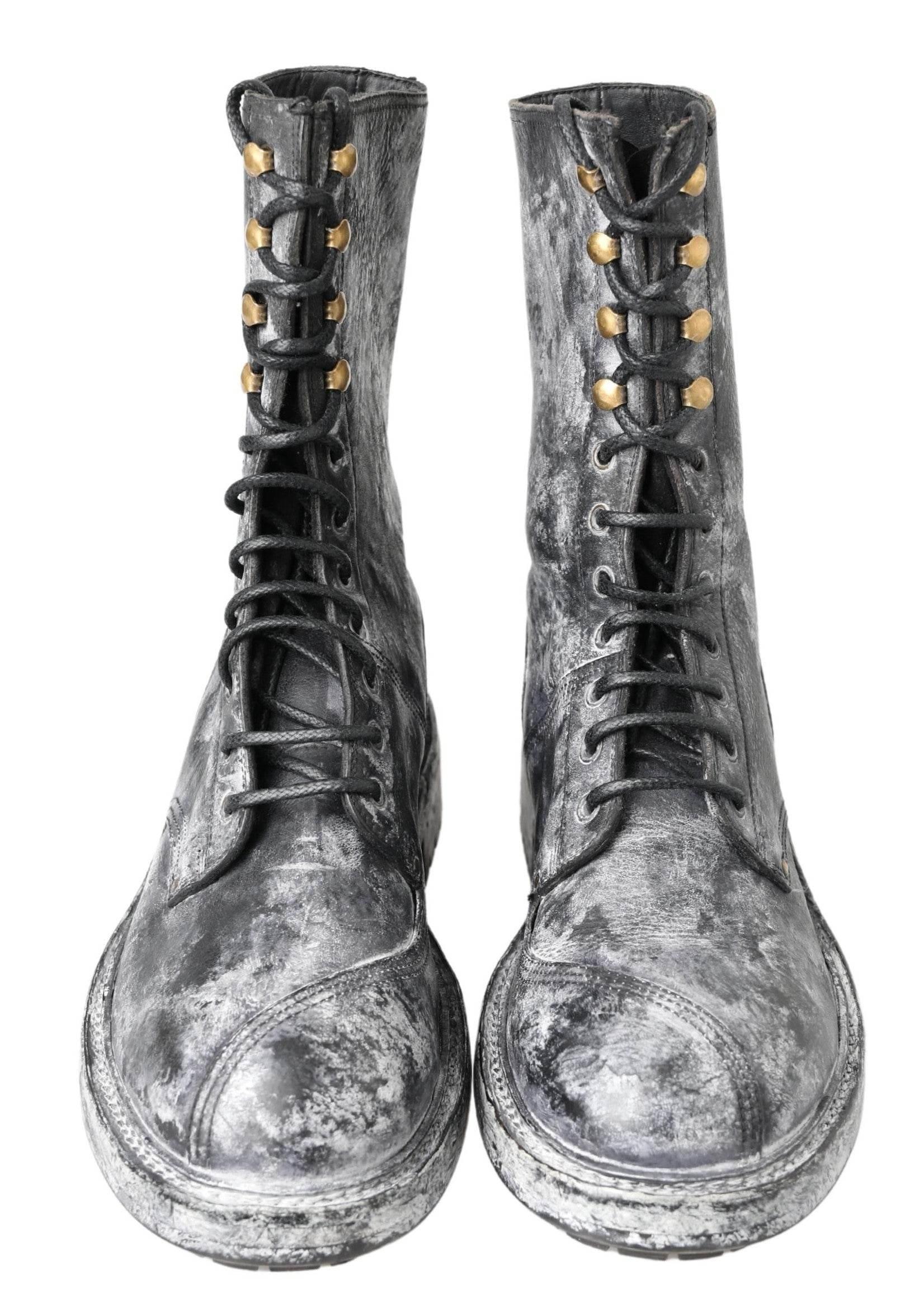 Dolce & Gabbana Chic Black Lace-Up Boots with Gray White Fade - Hilstor