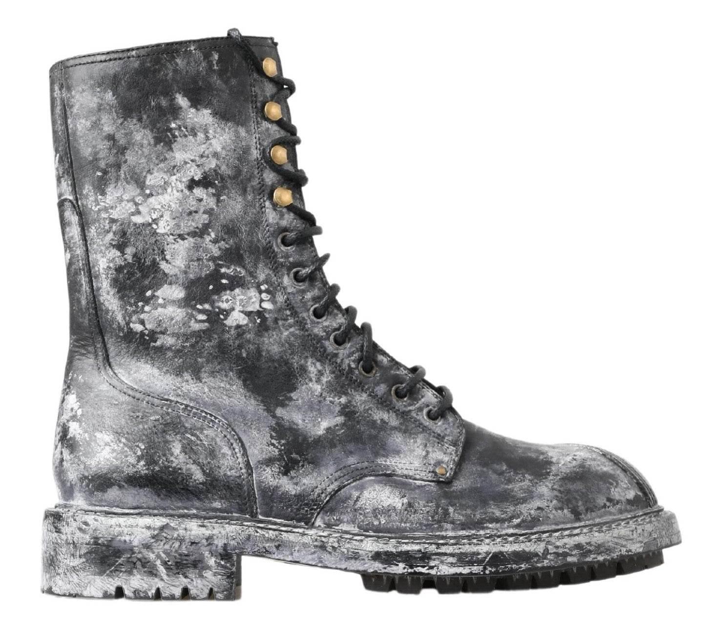 Dolce & Gabbana Chic Black Lace-Up Boots with Gray White Fade - Hilstor