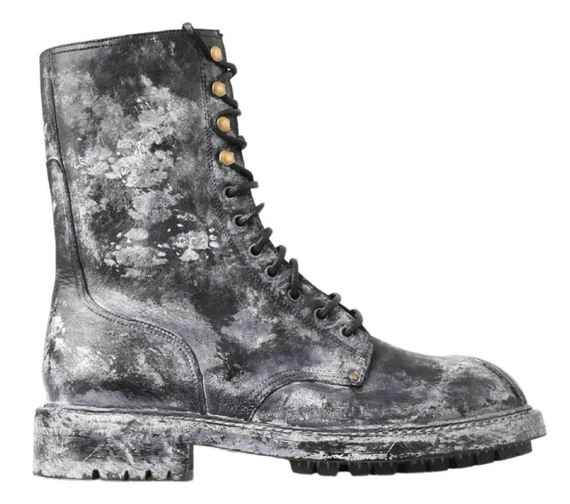 Dolce & Gabbana Chic Black Lace-Up Boots with Gray White Fade - Hilstor