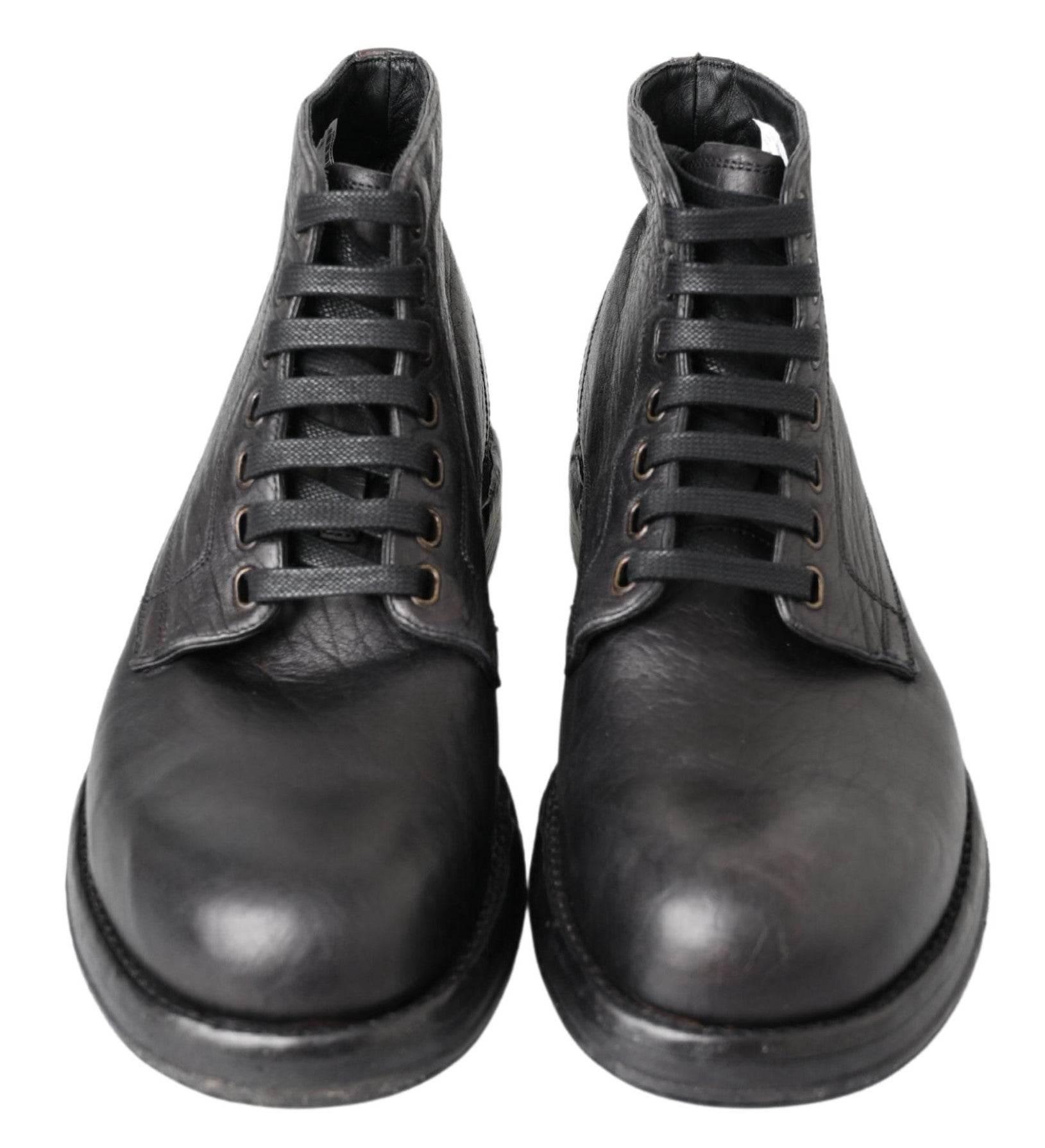 Dolce & Gabbana Equisite Black Lace-Up Leather Boots - Hilstor