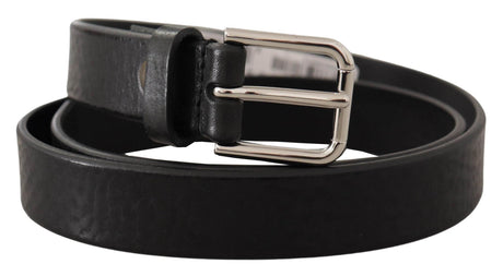 Dolce & Gabbana Black Calf Leather Silver Tone Logo Metal Buckle Belt - Hilstor