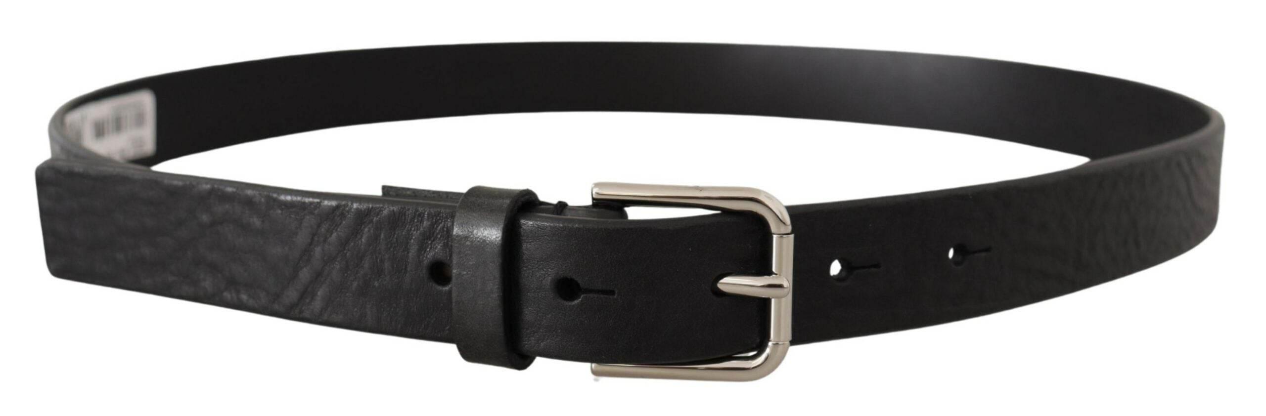 Dolce & Gabbana Black Calf Leather Silver Tone Logo Metal Buckle Belt - Hilstor
