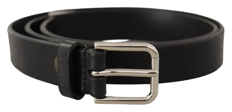 Dolce & Gabbana Black Calf Leather Silver Tone Logo Metal Buckle Belt - Hilstor
