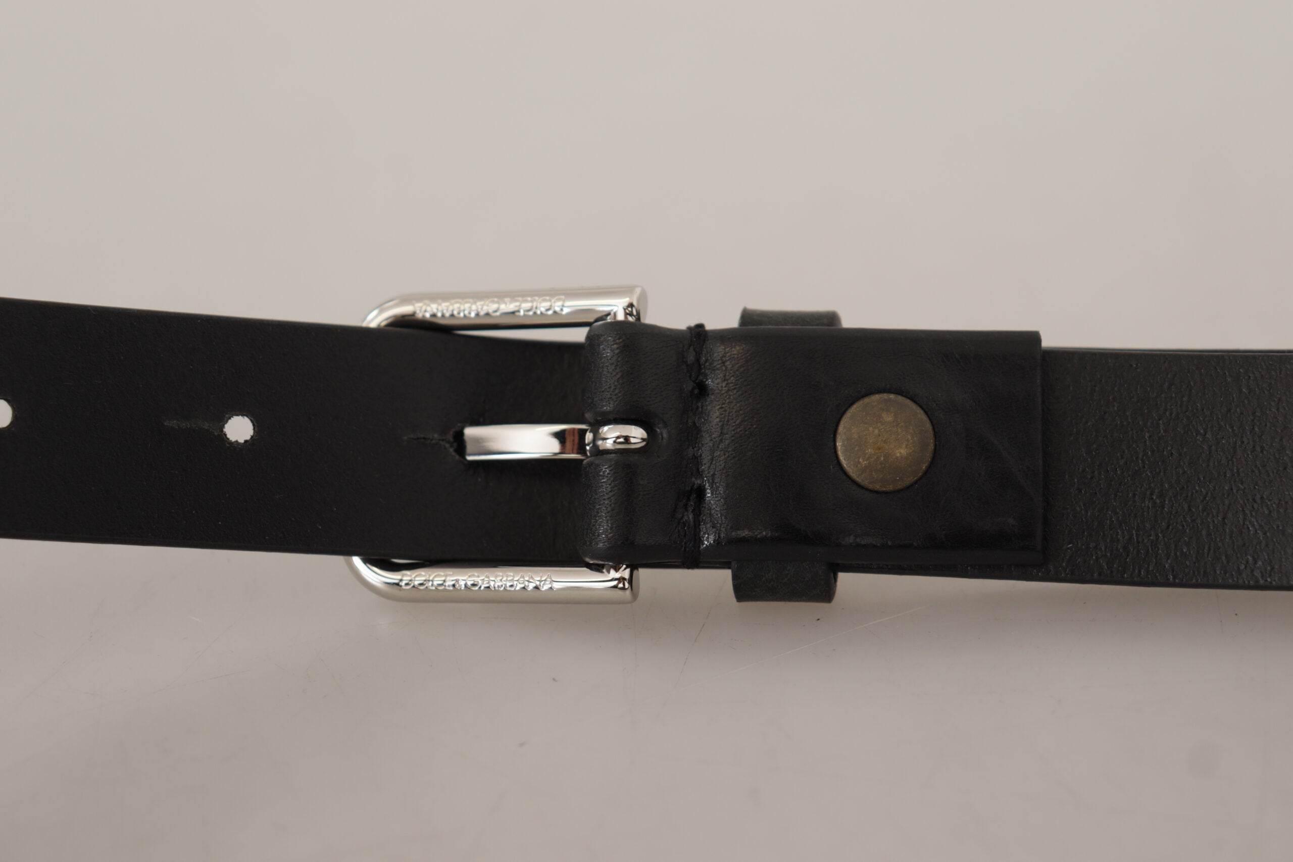 Dolce & Gabbana Black Calf Leather Silver Tone Logo Metal Buckle Belt - Hilstor