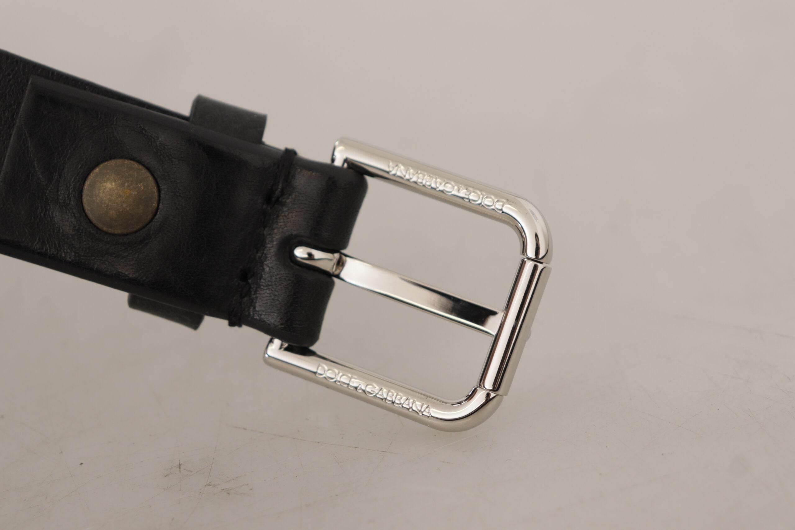 Dolce & Gabbana Black Calf Leather Silver Tone Logo Metal Buckle Belt - Hilstor