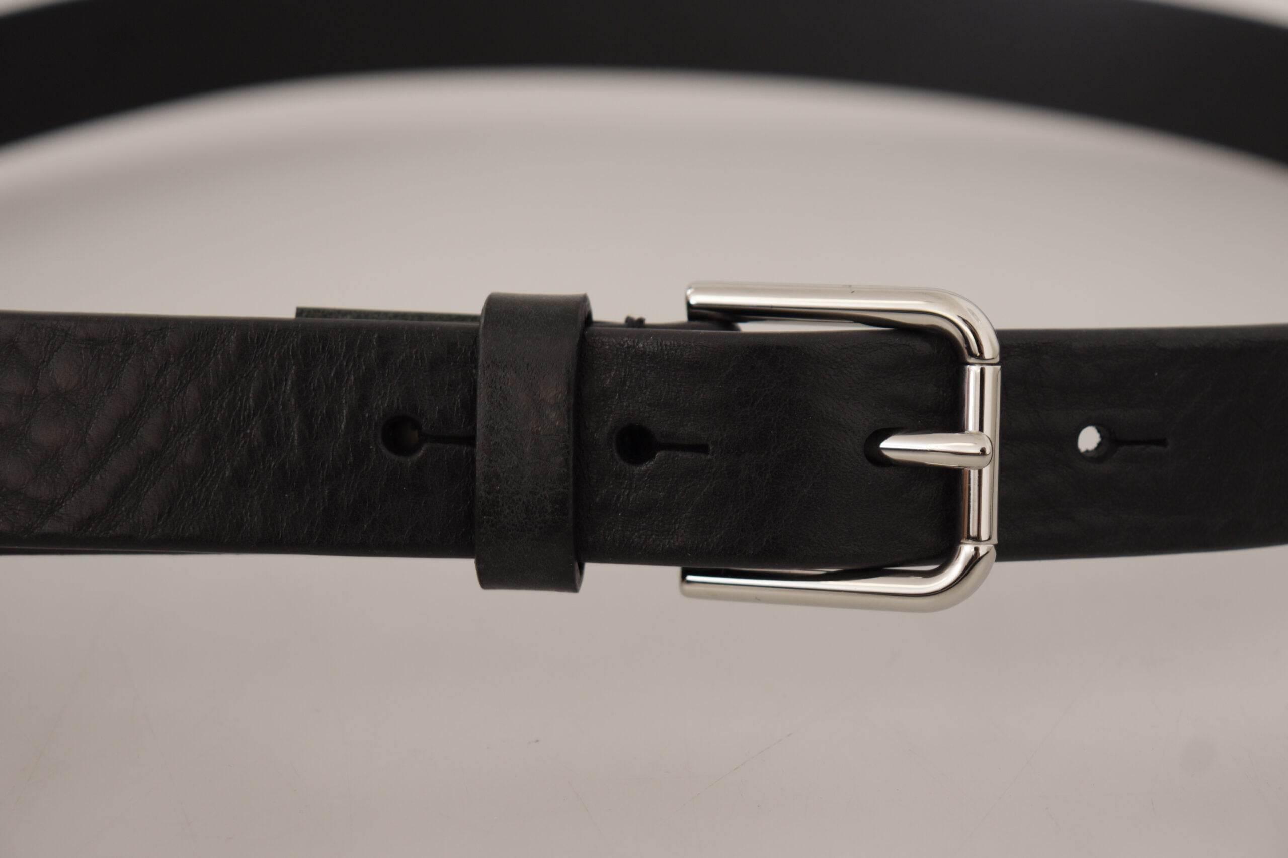 Dolce & Gabbana Black Calf Leather Silver Tone Logo Metal Buckle Belt - Hilstor