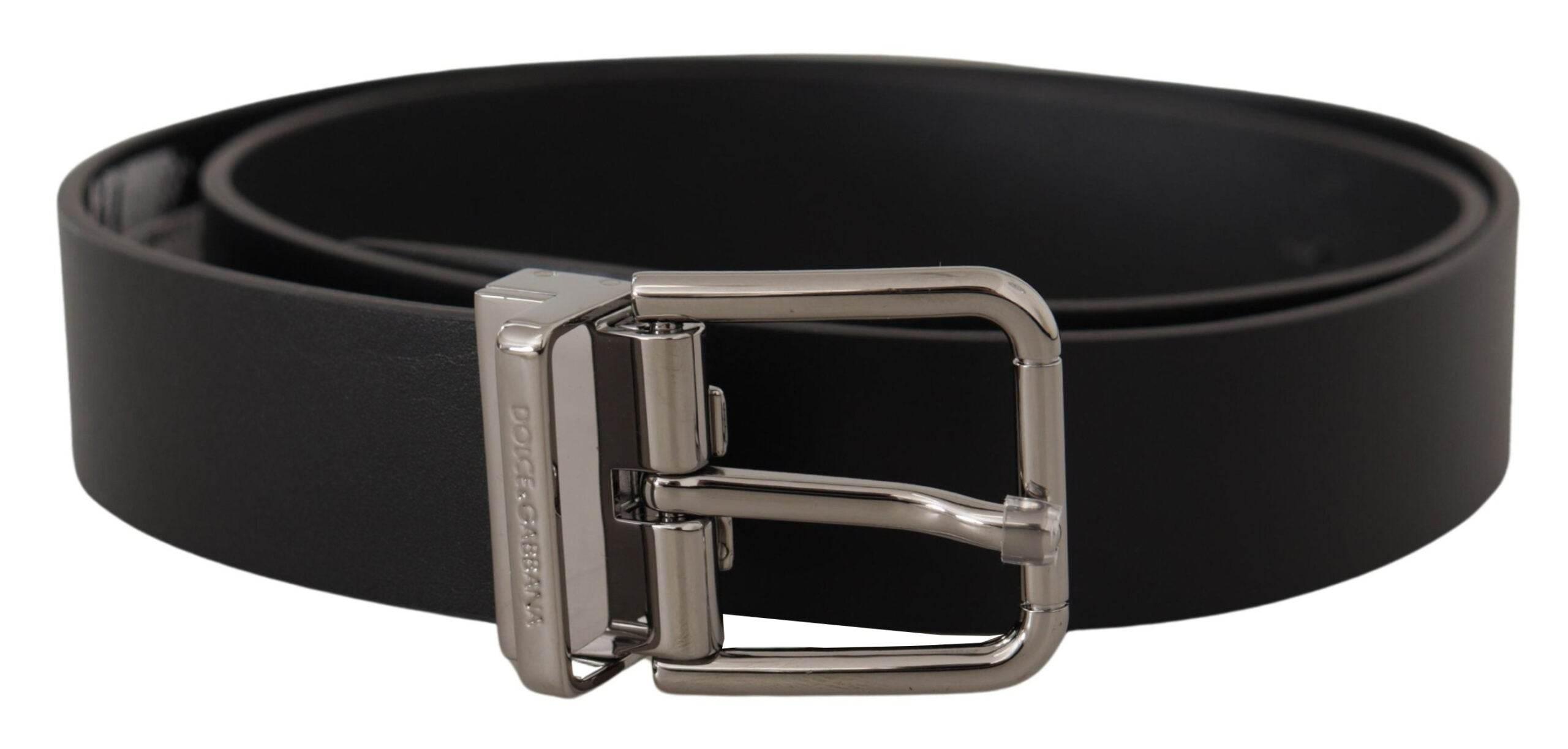 Dolce & Gabbana Black Calf Leather Logo Engraved Metal Buckle Belt - Hilstor