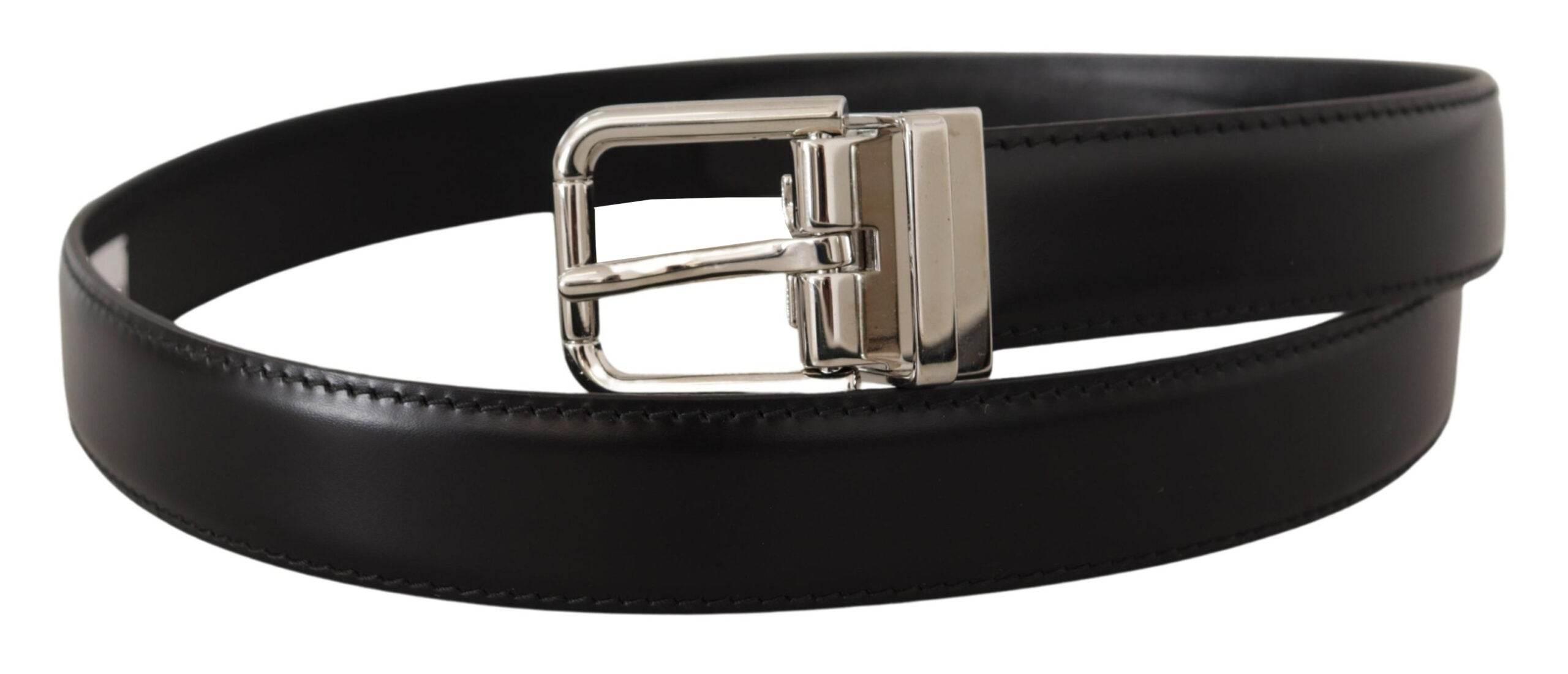 Dolce & Gabbana Black Calf Leather Logo Engraved Metal Buckle Belt - Hilstor