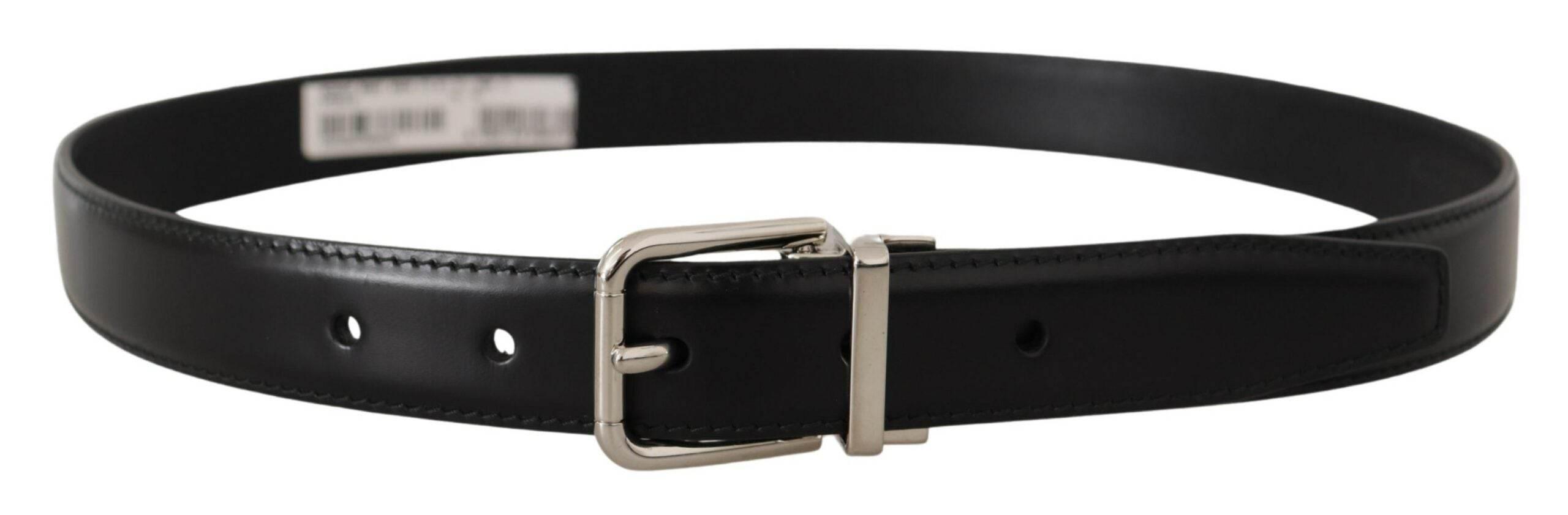 Dolce & Gabbana Black Calf Leather Logo Engraved Metal Buckle Belt - Hilstor