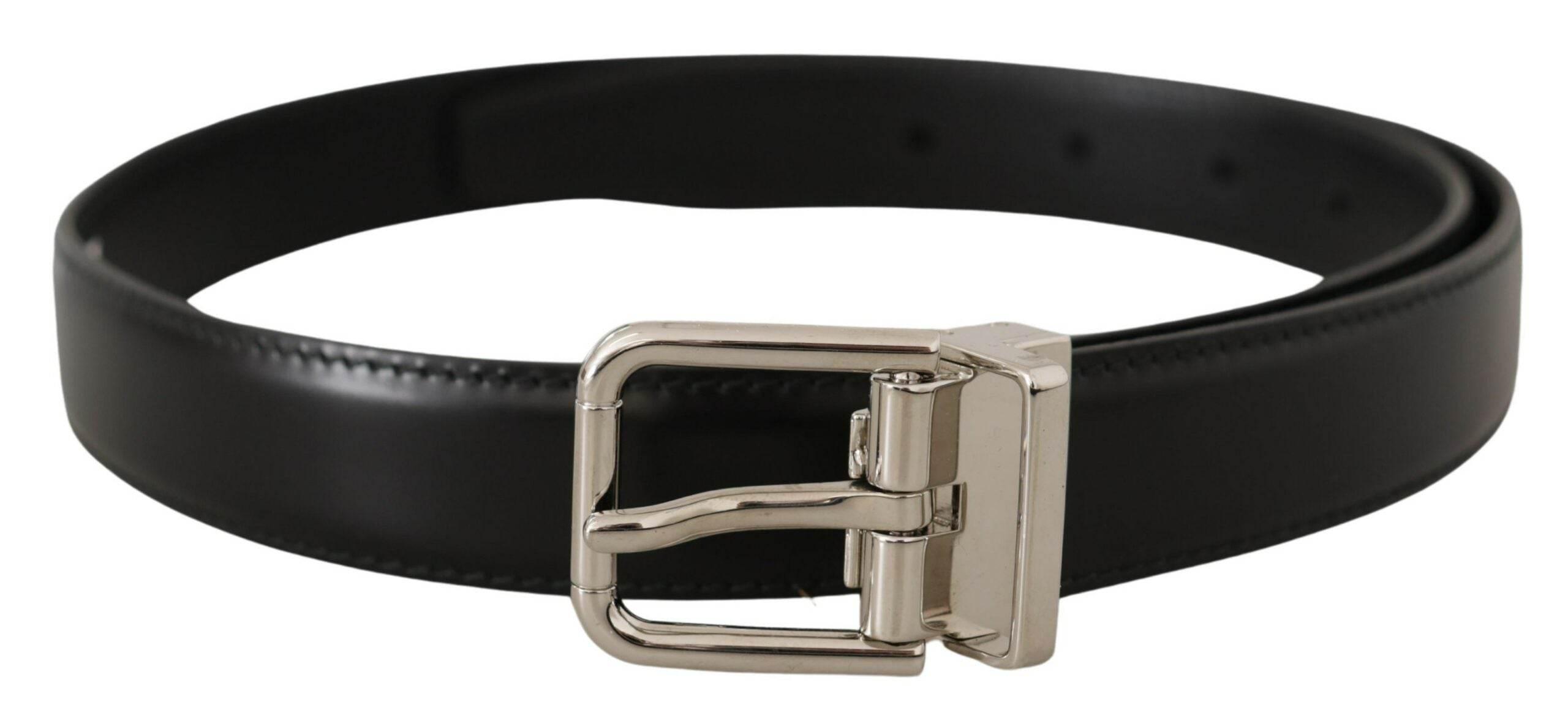 Dolce & Gabbana Black Calf Leather Logo Engraved Metal Buckle Belt - Hilstor