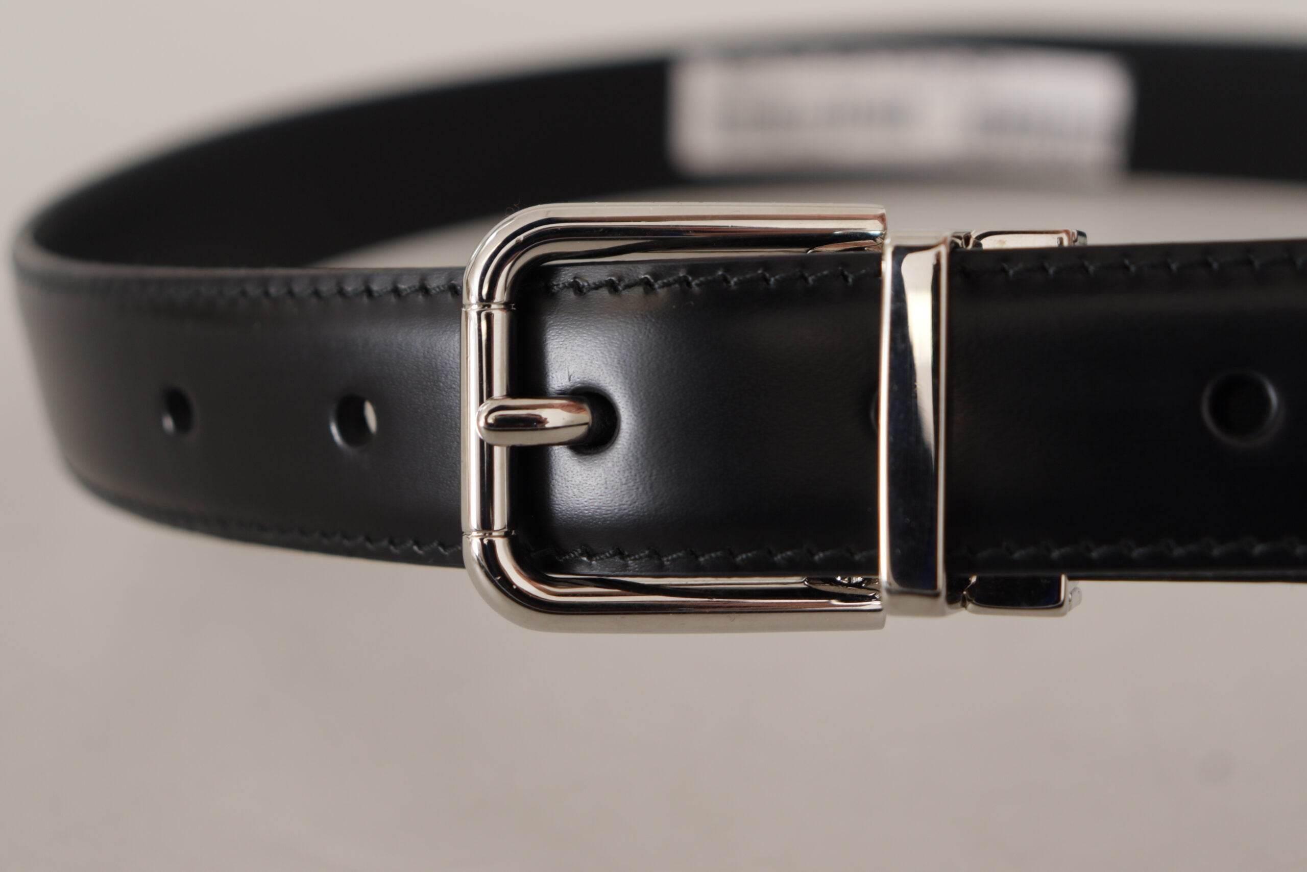 Dolce & Gabbana Black Calf Leather Logo Engraved Metal Buckle Belt - Hilstor