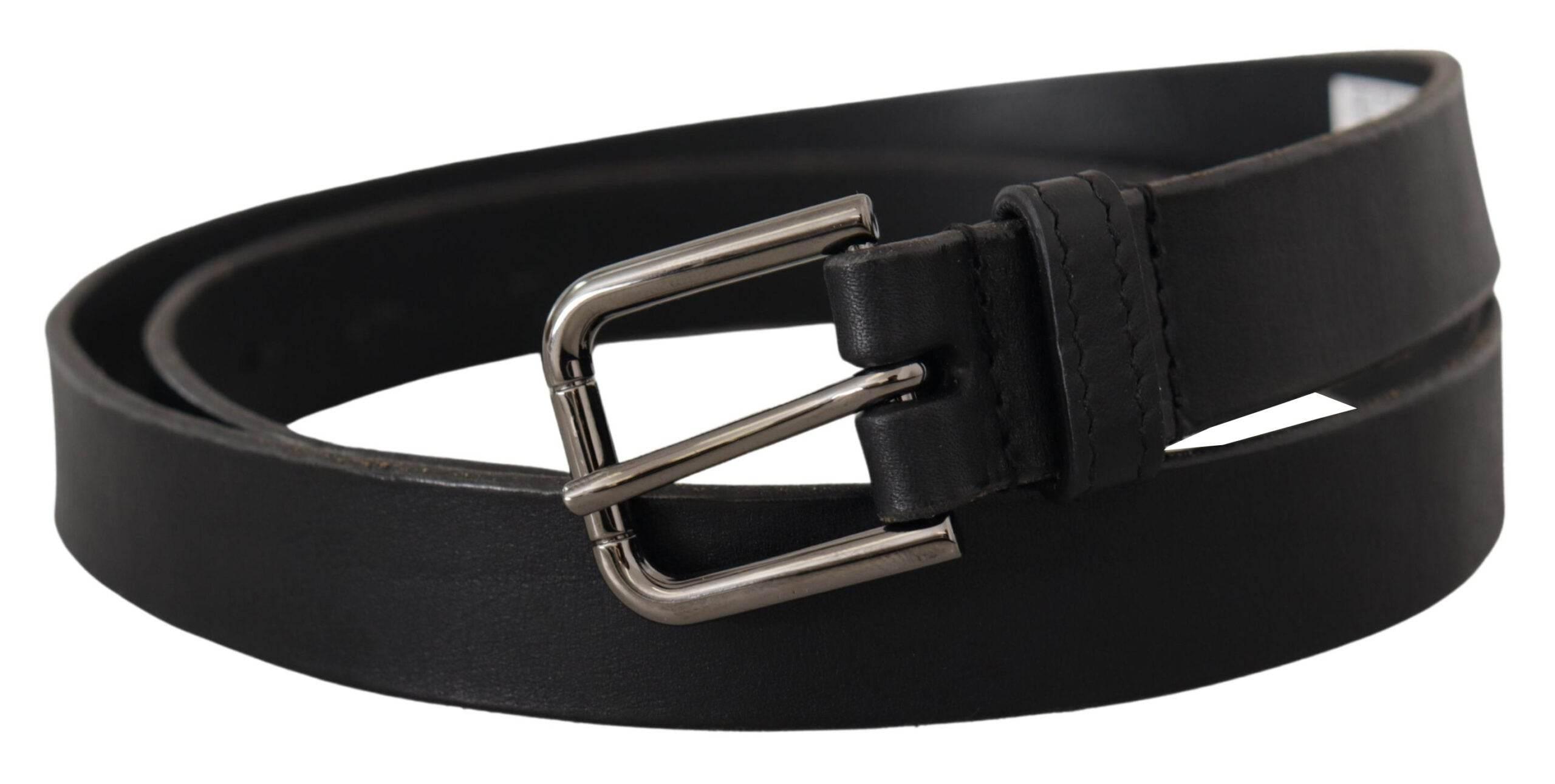 Dolce & Gabbana Black Calf Leather Logo Engraved Metal Buckle Belt - Hilstor