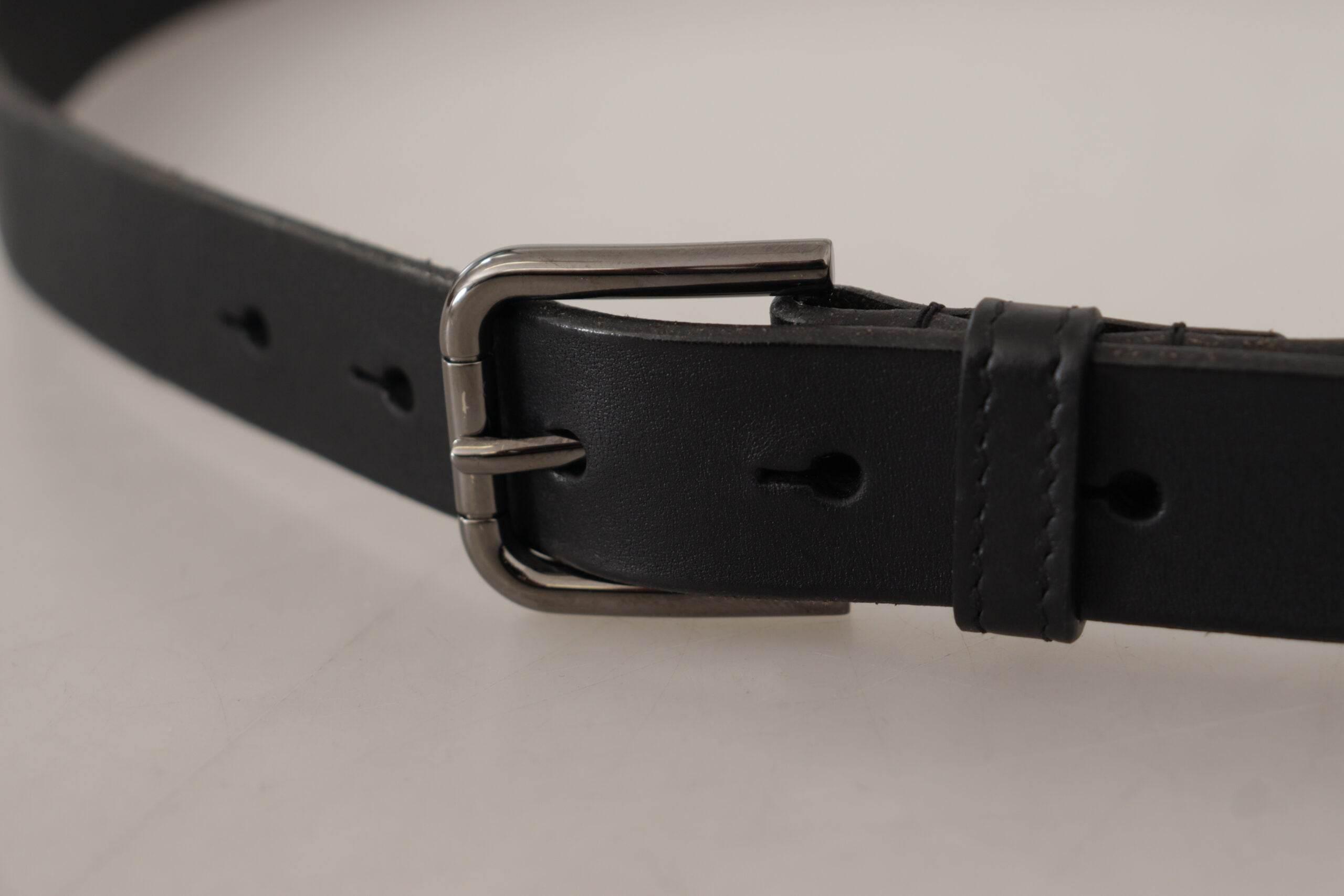 Dolce & Gabbana Black Calf Leather Logo Engraved Metal Buckle Belt - Hilstor