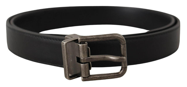 Dolce & Gabbana Black Plain Leather Vintage Logo Metal Buckle Belt - Hilstor