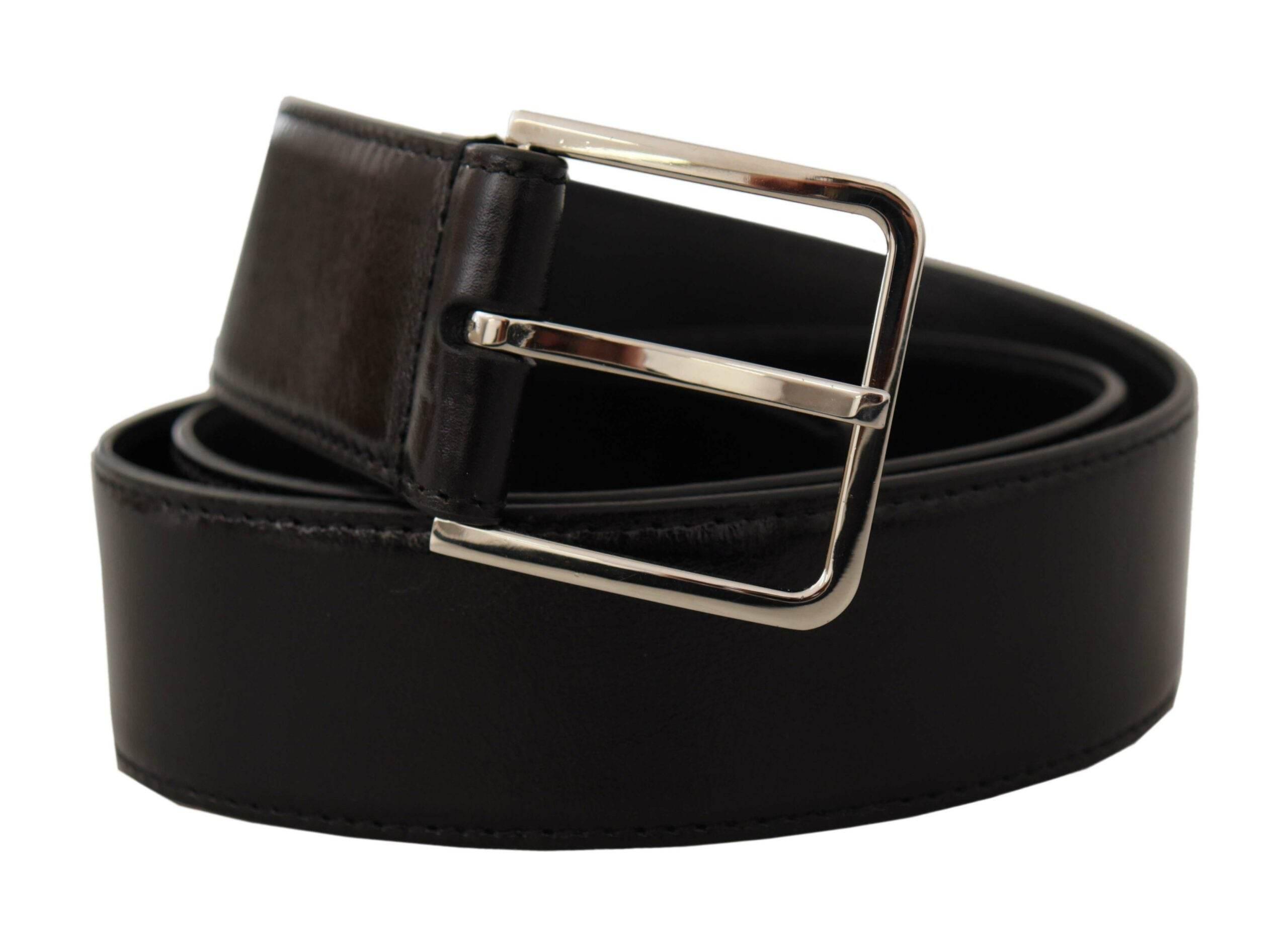 Dolce & Gabbana Black Calf Leather Logo Engraved Metal Buckle Belt - Hilstor