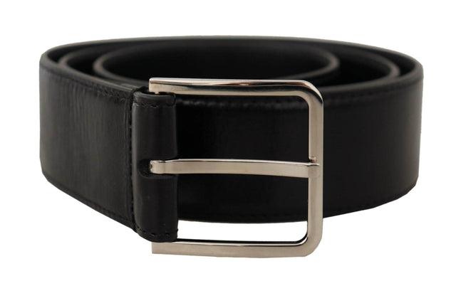 Dolce & Gabbana Black Calf Leather Logo Engraved Metal Buckle Belt - Hilstor