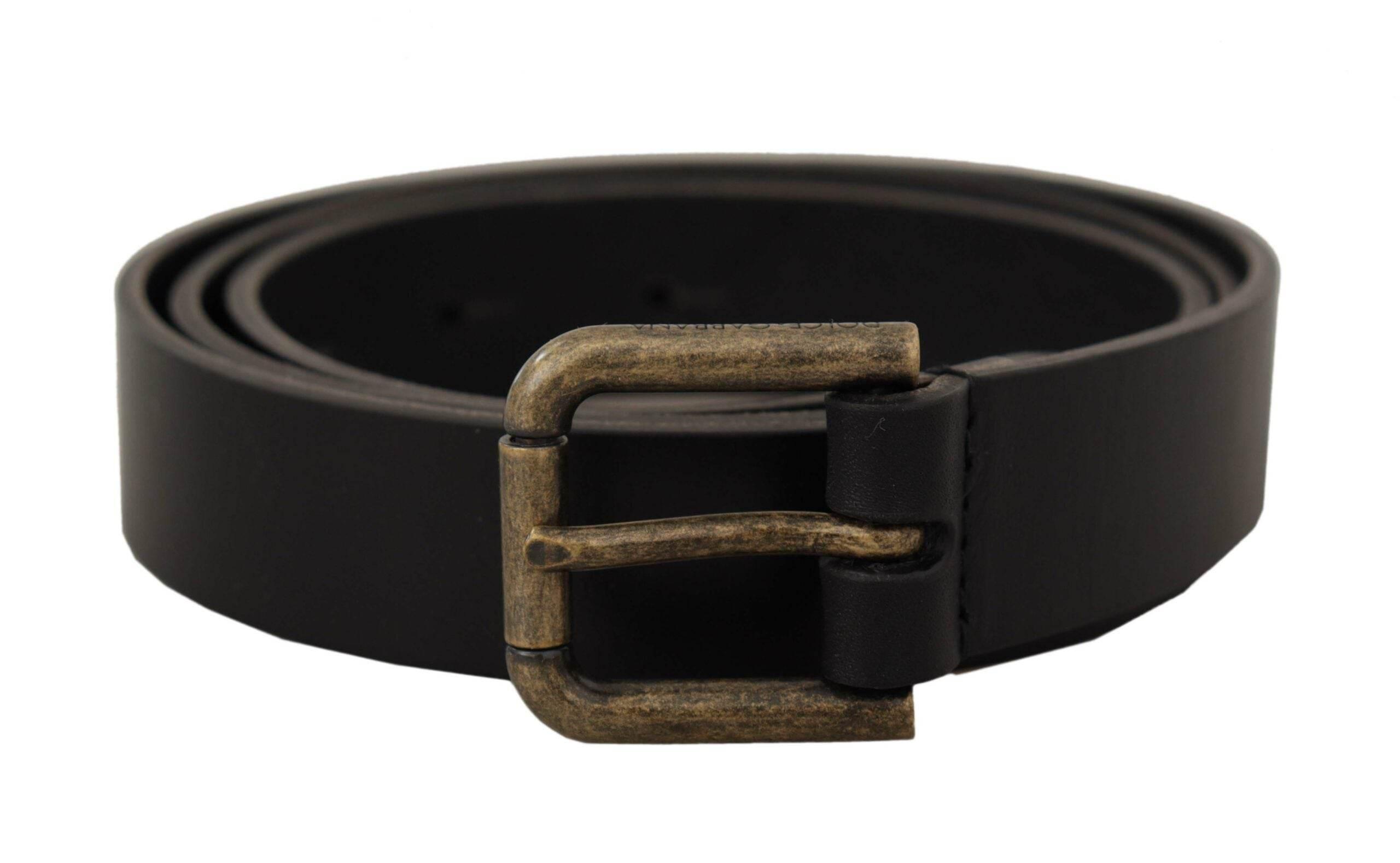 Dolce & Gabbana Black Calf Leather Logo Brass Metal Buckle Belt - Hilstor