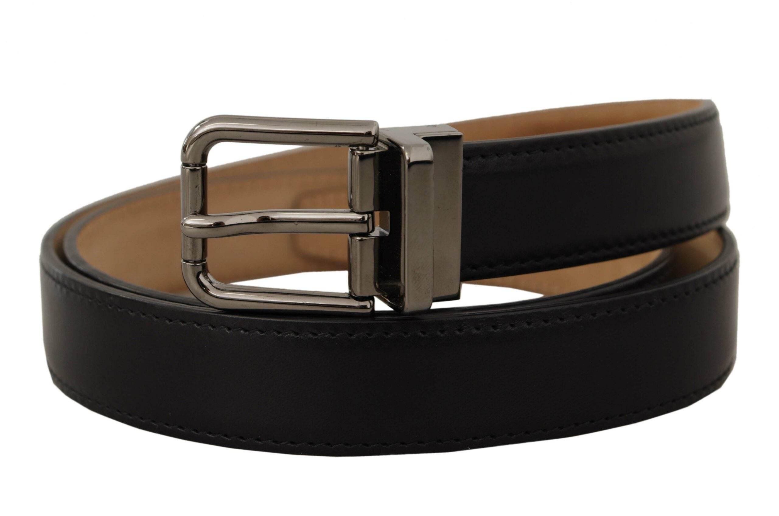 Dolce & Gabbana Black Calf Leather Logo Engraved Metal Buckle Belt - Hilstor