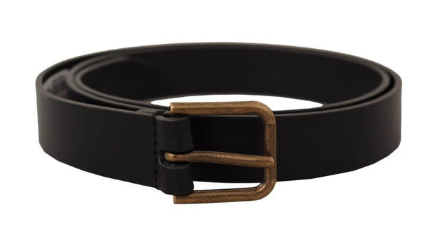 Dolce & Gabbana Black Calf Leather Brass Logo Engraved Buckle Belt - Hilstor