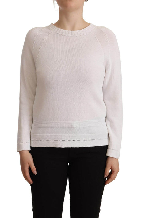 Alpha Studio White Long Sleeves Crewneck Pullover Sweater - Hilstor