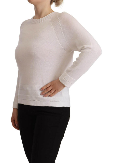 Alpha Studio White Long Sleeves Crewneck Pullover Sweater - Hilstor