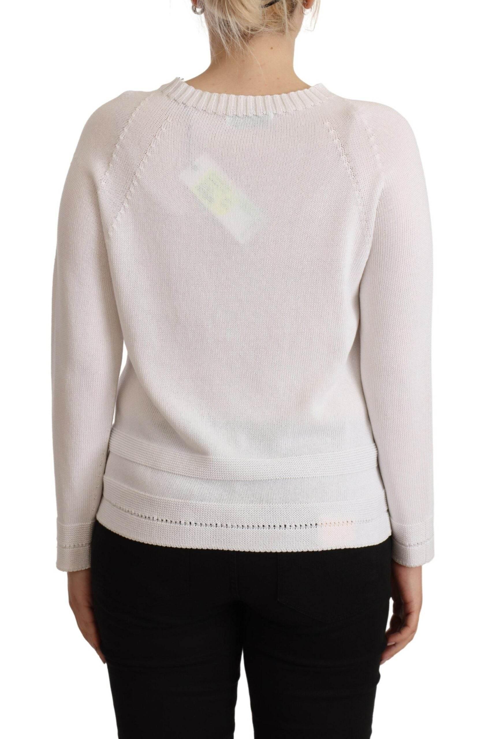 Alpha Studio White Long Sleeves Crewneck Pullover Sweater - Hilstor