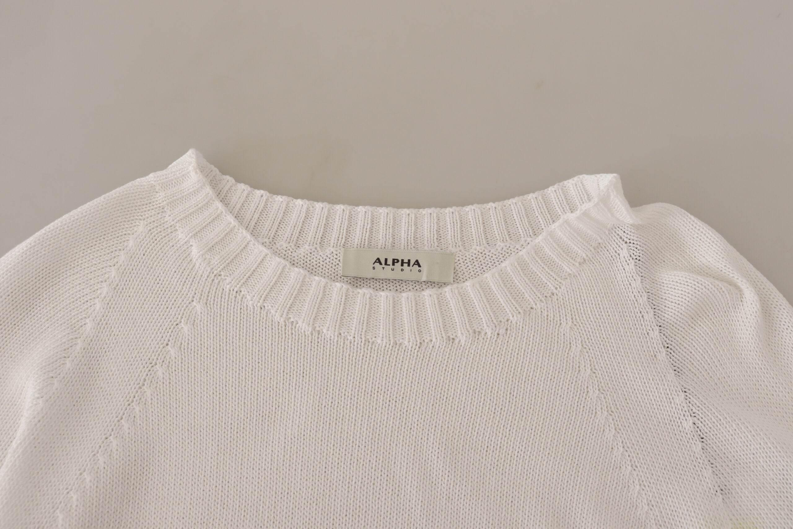 Alpha Studio White Long Sleeves Crewneck Pullover Sweater - Hilstor