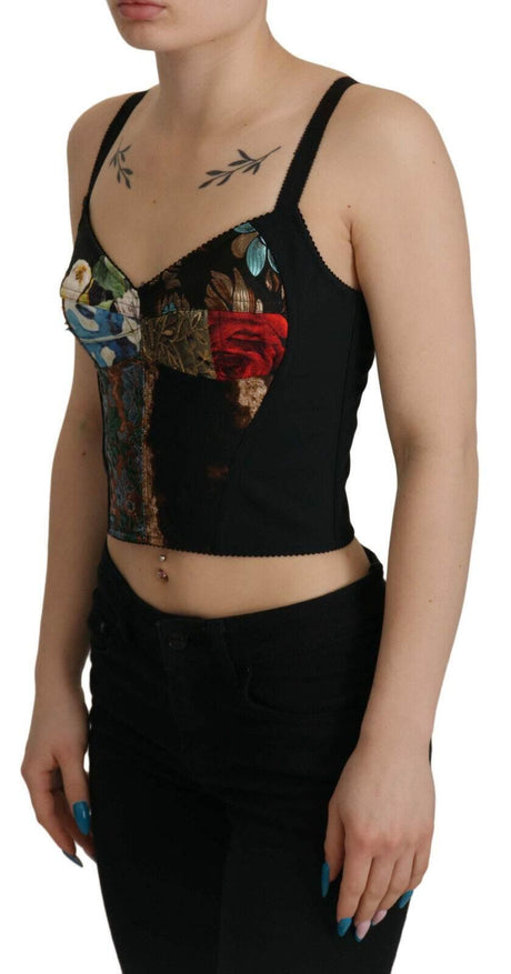 Dolce & Gabbana Black Patchwork Sicily Blouse Corset Cropped Top - Hilstor