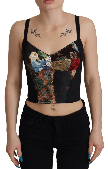 Dolce & Gabbana Black Patchwork Sicily Blouse Corset Cropped Top - Hilstor